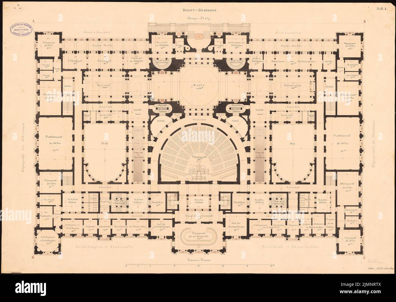 Bühlmann Joseph (1844-1921), Reichstag, Berlino (1882): Grundriss piano principale 1: 200. Acquerello Tusche su carta, su cartone, 55,9 x 80,5 cm (compresi i bordi di scansione) Bühlmann Joseph (1844-1921): Reichstag, Berlino. Zweiter Wettbewerb Foto Stock