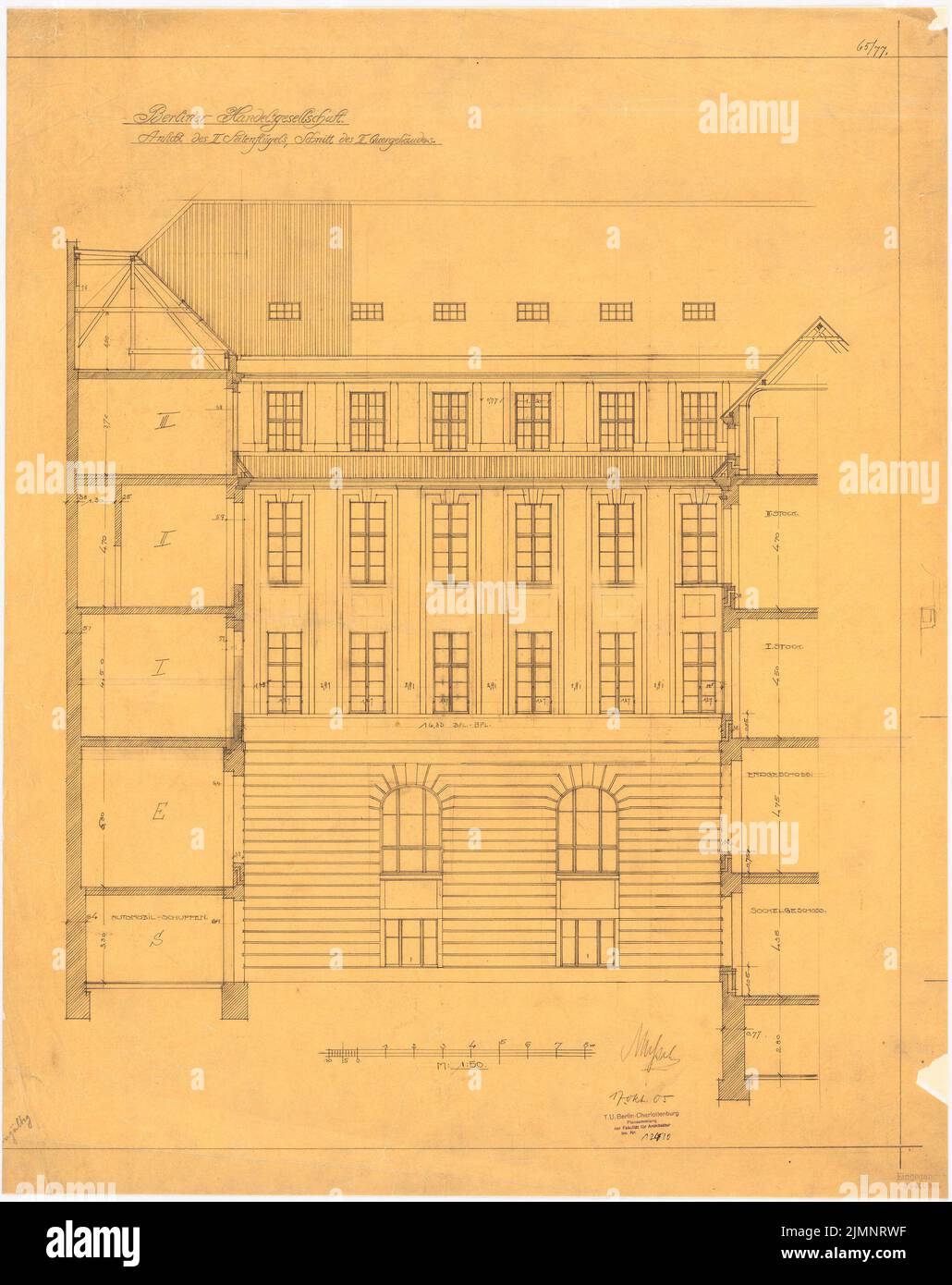 Messel Alfred (1853-1909), edificio commerciale della Handelsgesellschaft di Berlino. Espansione (17 ottobre 1905): 2. Pagina ala: Vista con croce - costruzione slitta 1:50. Matita su trasparente, 84,3 x 66,8 cm (compresi i bordi di scansione) Messel Alfred (1853-1909): Berliner Handelsgesellschaft, Berlino. Erweiterung Foto Stock