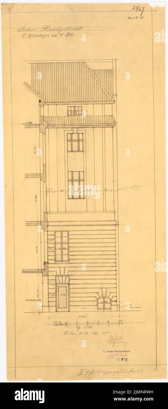 Messel Alfred (1853-1909), edificio commerciale della Handelsgesellschaft di Berlino. Espansione (21 ottobre 1905): 1. Scala supplementare: Vista 1:50. Matita su trasparente, 72,1 x 31,8 cm (compresi i bordi di scansione) Messel Alfred (1853-1909): Berliner Handelsgesellschaft, Berlino. Erweiterung Foto Stock