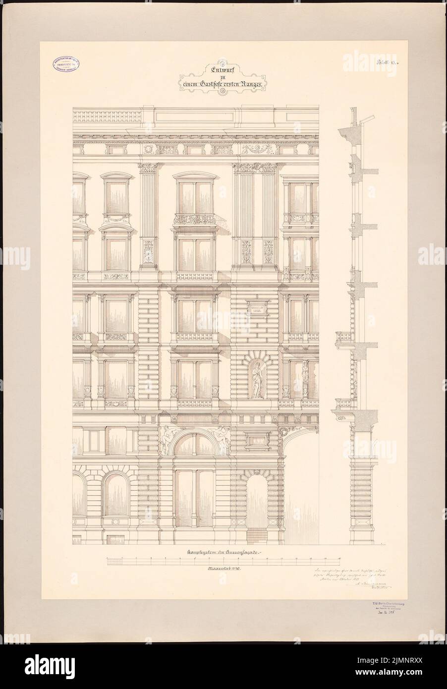 Brinckmann Albert (1849), Gasthaus 1. Gamme (10,1879): Il sistema principale della facciata esterna (vista e taglio) 1:40. Inchiostro su carta, su cartone, 110,2 x 76,4 cm (compresi i bordi di scansione) Brinckmann Albert (geb. 1849): Gasthaus 1. Intervalli Foto Stock