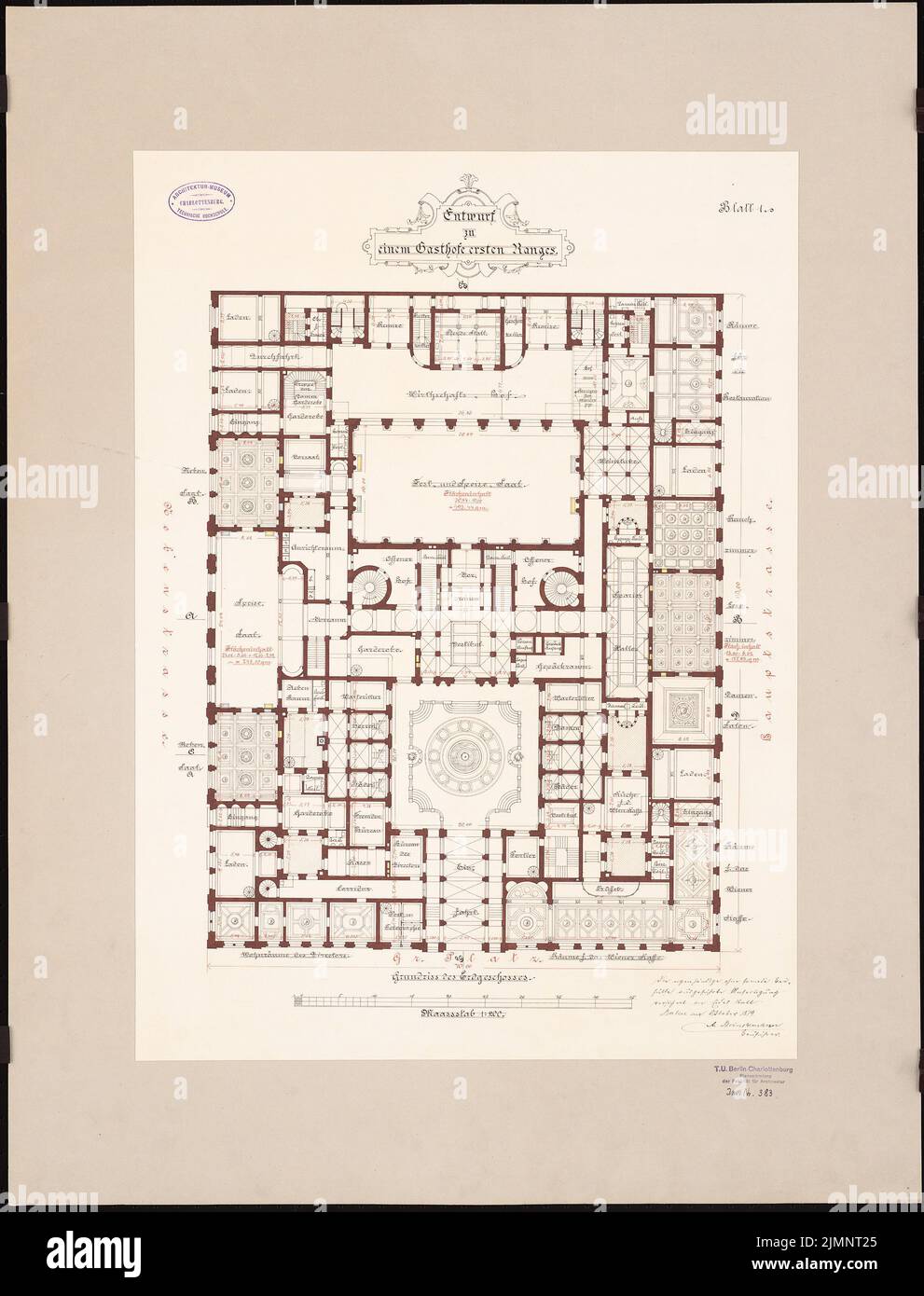 Brinckmann Albert (1849), Gasthaus 1st Riches (10,1879): Grundriss EG 1: 200. Acquerello Tusche su carta, su cartone, 82,5 x 62,9 cm (compresi i bordi di scansione) Brinckmann Albert (geb. 1849): Gasthaus 1. Intervalli Foto Stock