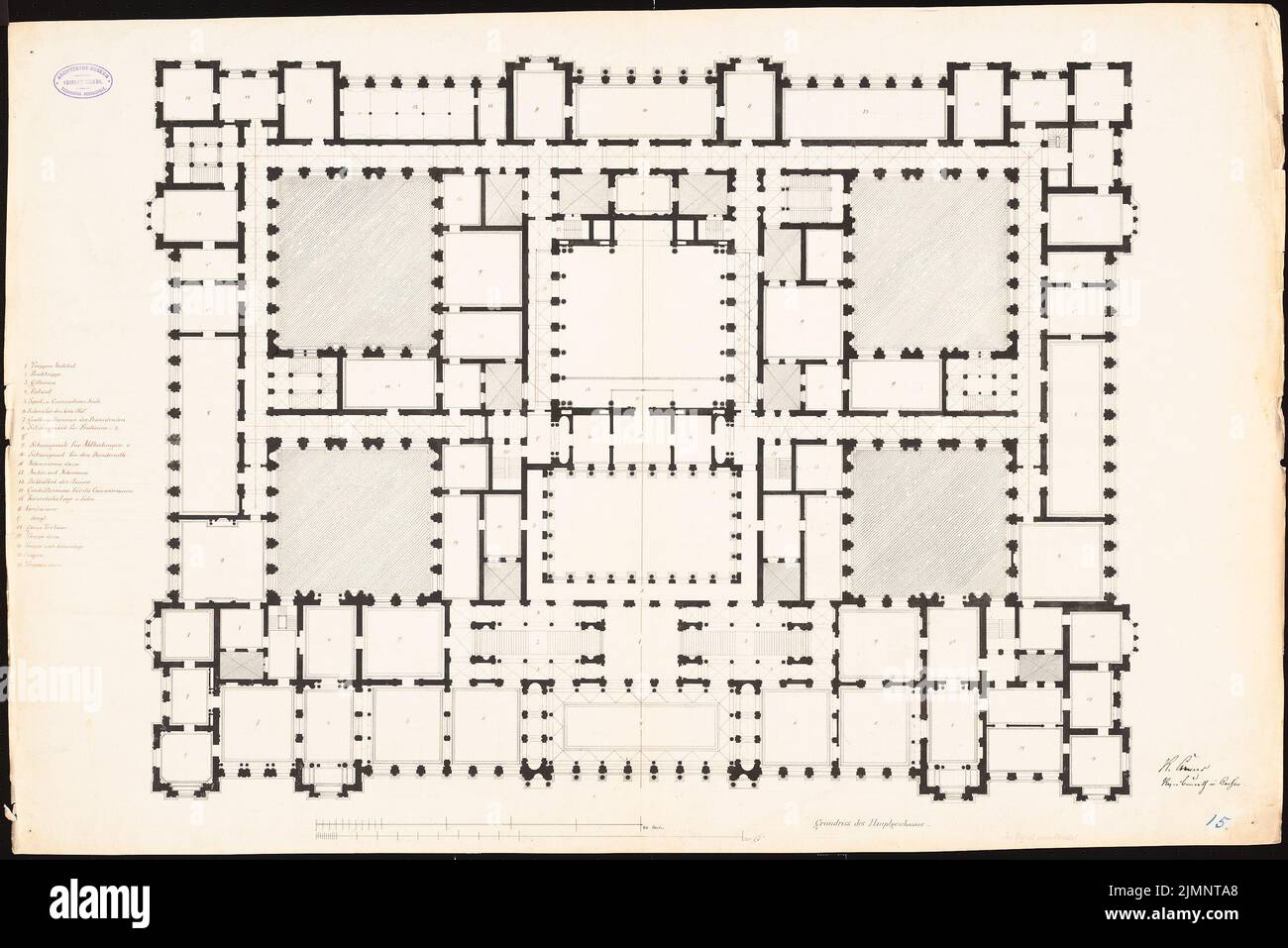Cremer Robert (1826-1882), Reichstag, Berlino (1872): Piano principale Grundriss, con leggenda. Inchiostro su cartone, 66,1 x 99 cm (compresi i bordi di scansione) Cremer Robert (1826-1882): Reichstag, Berlino. Erster Wettbewerb Foto Stock