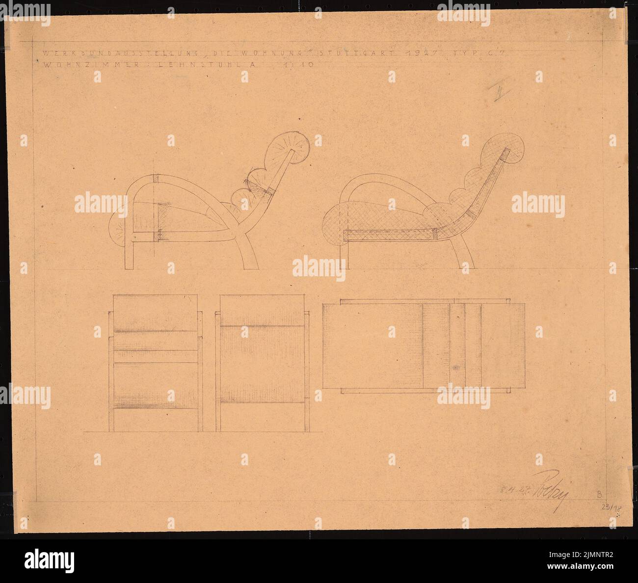 Poelzig Hans (1869-1936), mostra Werkbund Stoccarda-Weißenhof. Casa singola C 7 (08/08/1927): Soggiorno: Lehnstuhl A 1:10. Rottura leggera su carta, 35,1 x 41,6 cm (compresi i bordi di scansione) Poelzig Hans (1869-1936): Werkbund-Ausstellung, Stoccarda-Weißenhof. Einfamilienhaus tipo C 7 Foto Stock