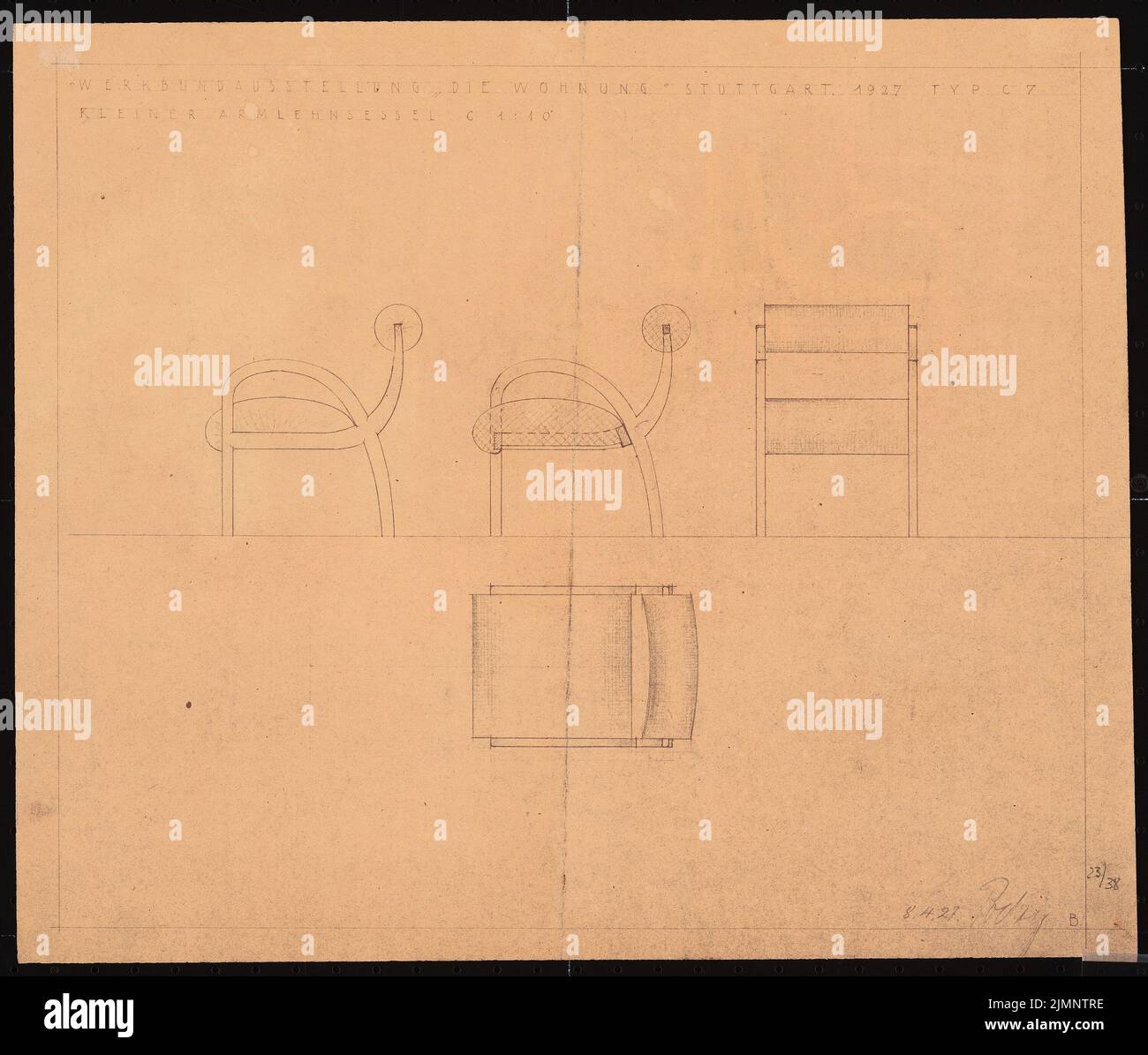 Poelzig Hans (1869-1936), mostra Werkbund Stoccarda-Weißenhof. Casa singola C 7 (08/08/1927): Poltrona con bracciolo C 1:10. Rottura leggera su carta, 33,9 x 39,9 cm (compresi i bordi di scansione) Poelzig Hans (1869-1936): Werkbund-Ausstellung, Stoccarda-Weißenhof. Einfamilienhaus tipo C 7 Foto Stock