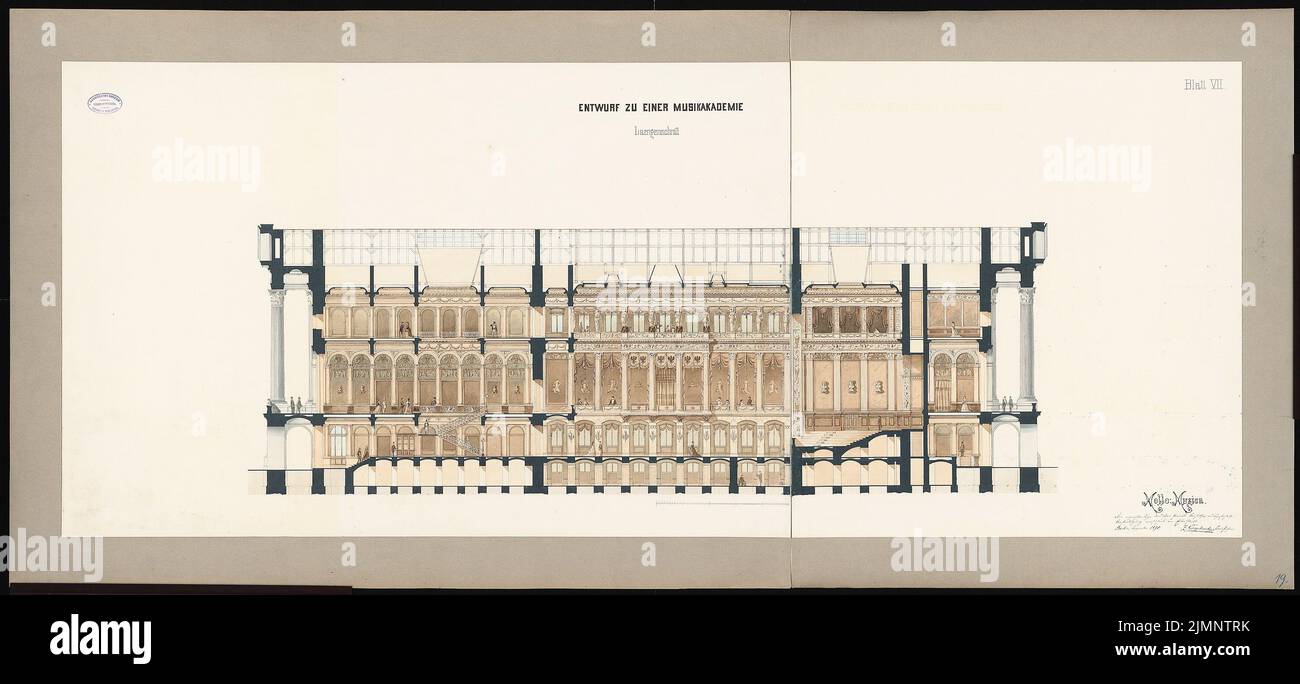 Gorgolewski Zygmunt (1845-1903), progetto di accademia musicale (1870): Sezione longitudinale con vista interna. Acquerello Tusche sulla scatola, 78,3 x 171,1 cm (compresi i bordi di scansione) Gorgolewski Zygmunt (1845-1903): Entwurf zu einer Musikakademie Foto Stock