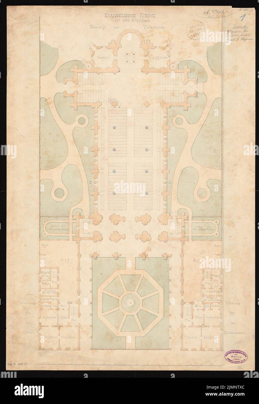 Architetto sconosciuto, chiesa romanica (evangelica) con 2000 posti a sedere presso l'Humboldthafen. Schinkel concorso 1856 (1856): Pianta con pianta piano terra della chiesa e delle due case parrocchiali; Scala bar. Acquerello Tusche sulla scatola, 67,2 x 46,2 cm (compresi i bordi di scansione) N. : Romanische (evangelische) Kirche mit 2000 Sitzplätzen am Humboldthafen, Berlino. Schinkelwettbewerb 1856 Foto Stock