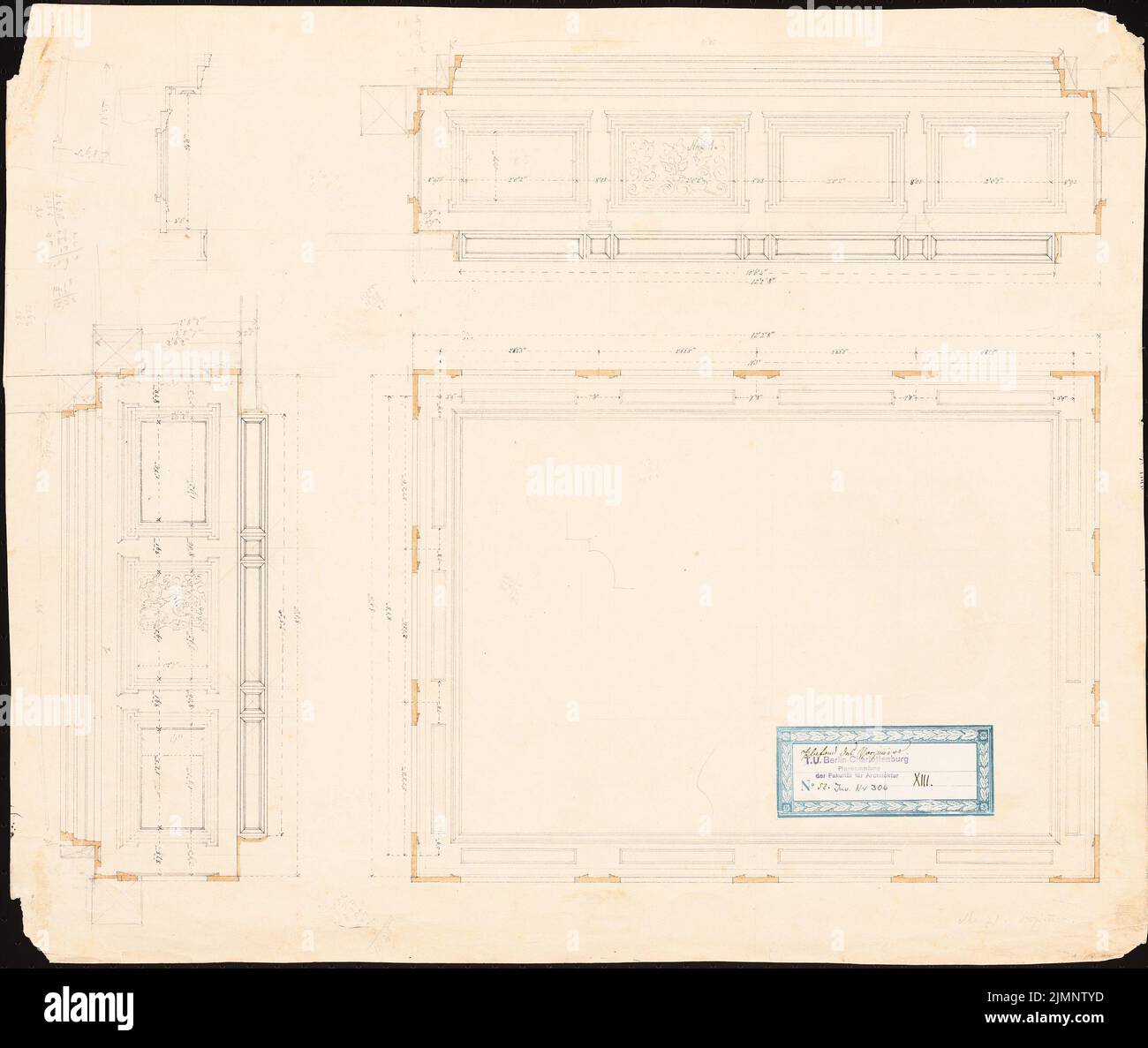 Bitzert L., disegni di soffitto per un edificio sconosciuto S.K.H. (1849): Plafondo della sala preliminare (n. 41), Dettagli. Matita acquerello su carta, 49,7 x 58,9 cm (compresi i bordi di scansione) Bitzert L. : Deckenentwürfe für ein unbekanntes Gebäude S.K.H. Foto Stock