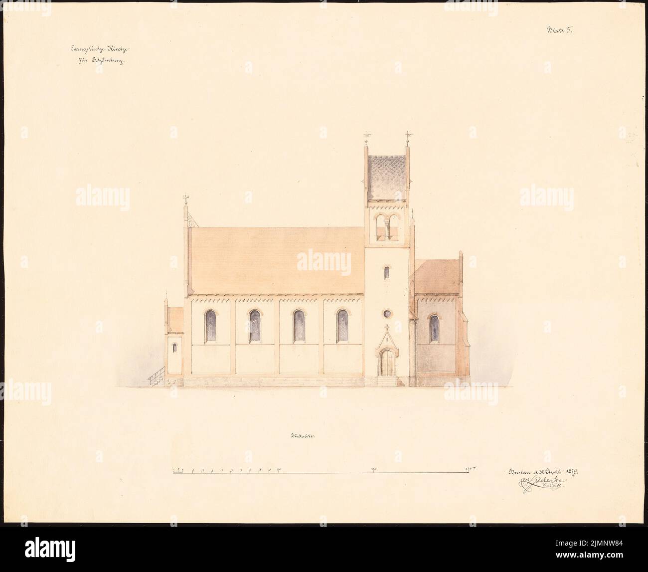 Lüdecke Carl Johann Bogislaw (1826-1894), Chiesa evangelica di Schömberg (30 aprile 1879): Lato sud superiore, scala (metro). Acquerello Tusche sulla scatola, 40,4 x 49,7 cm (compresi i bordi di scansione) Lüdecke Carl Johann Bogislaw (1826-1894): Evangelische Kirche, Schömberg Foto Stock