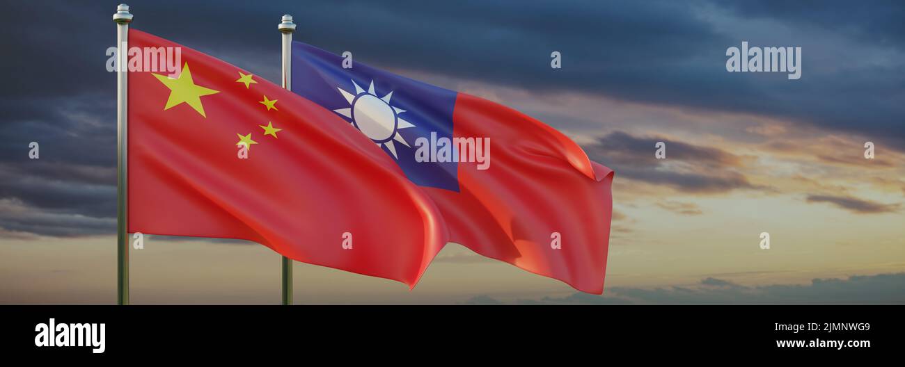 Taiwan e la Cina. Bandiere che ondeggiano con il vento, sfondo cielo oscuro e nuvoloso. 3d rendering Foto Stock