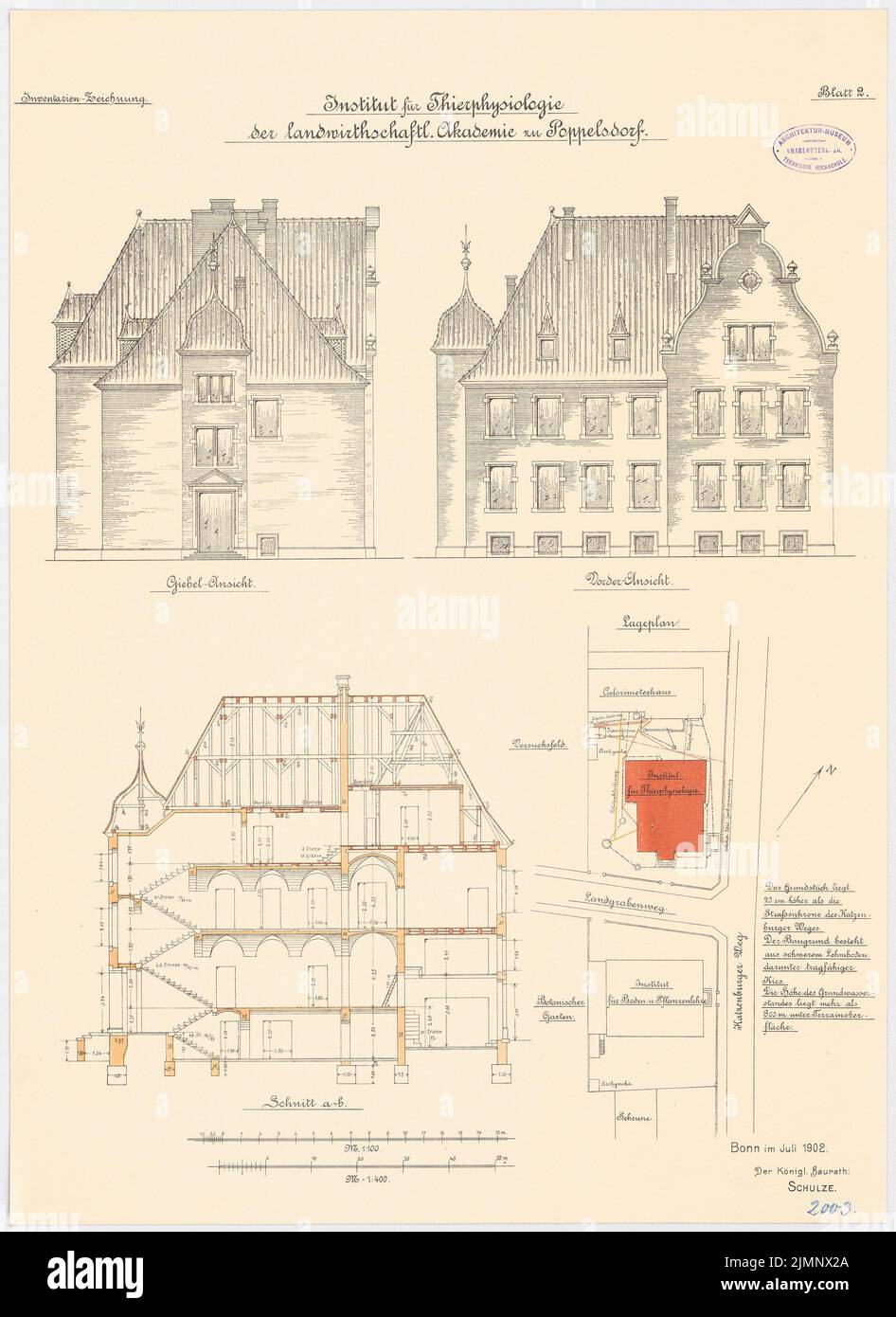 Architetto sconosciuto, accademia agricola, Bonn-Poppelsdorf. Istituto di Fisiologia animale (oggi: Rheinische Friedrich-Wilhelms-Universität, Agricultural fa (1899-1901): Secondo piano 1: 500 Vista frontale a vista in sezione longitudinale 1: 100. Litografia colorata su cartone, 66,6 x 48,5 cm (incl Scansione bordi) N. : Landwirtschaftliche Akademie, Bonn-Poppelsdorf. Institut für Tierphysiologie (heute: Rheinische Friedrich-Wilhelms-Universität, Landwirtschaftliche Fakultät) Foto Stock