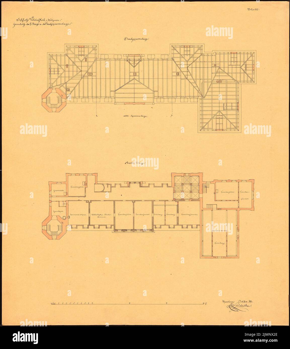 Lüdecke Carl Johann Bogislaw (1826-1894), Klein-Kal Castello vicino Turnau. Conversione (10,1880): Piano terra 1st piano, supervisione del tetto nominale, scala bar. Acquerello Tusche su trasparente, 66,9 x 59,3 cm (compresi i bordi di scansione) Lüdecke Carl Johann Bogislaw (1826-1894): Schloss Klein-Skal bei Turnau. Umbau Foto Stock