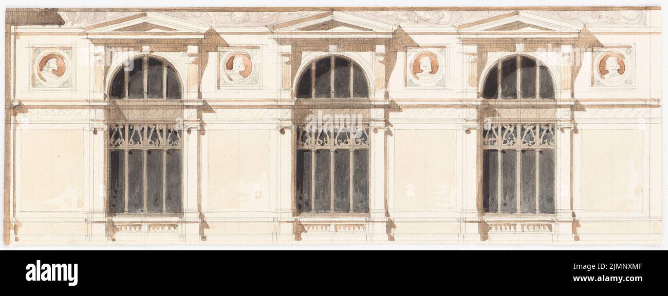 Lange Emil (1841-1926), edilizia per l'industria e il commercio (senza dat.): Variante delle finestre al piano superiore. Acquerello a matita sulla scatola, 9,7 x 25,7 cm (compresi i bordi di scansione) Lange Emil (1841-1926): Gebäude für Industrie und Gewerbe Foto Stock