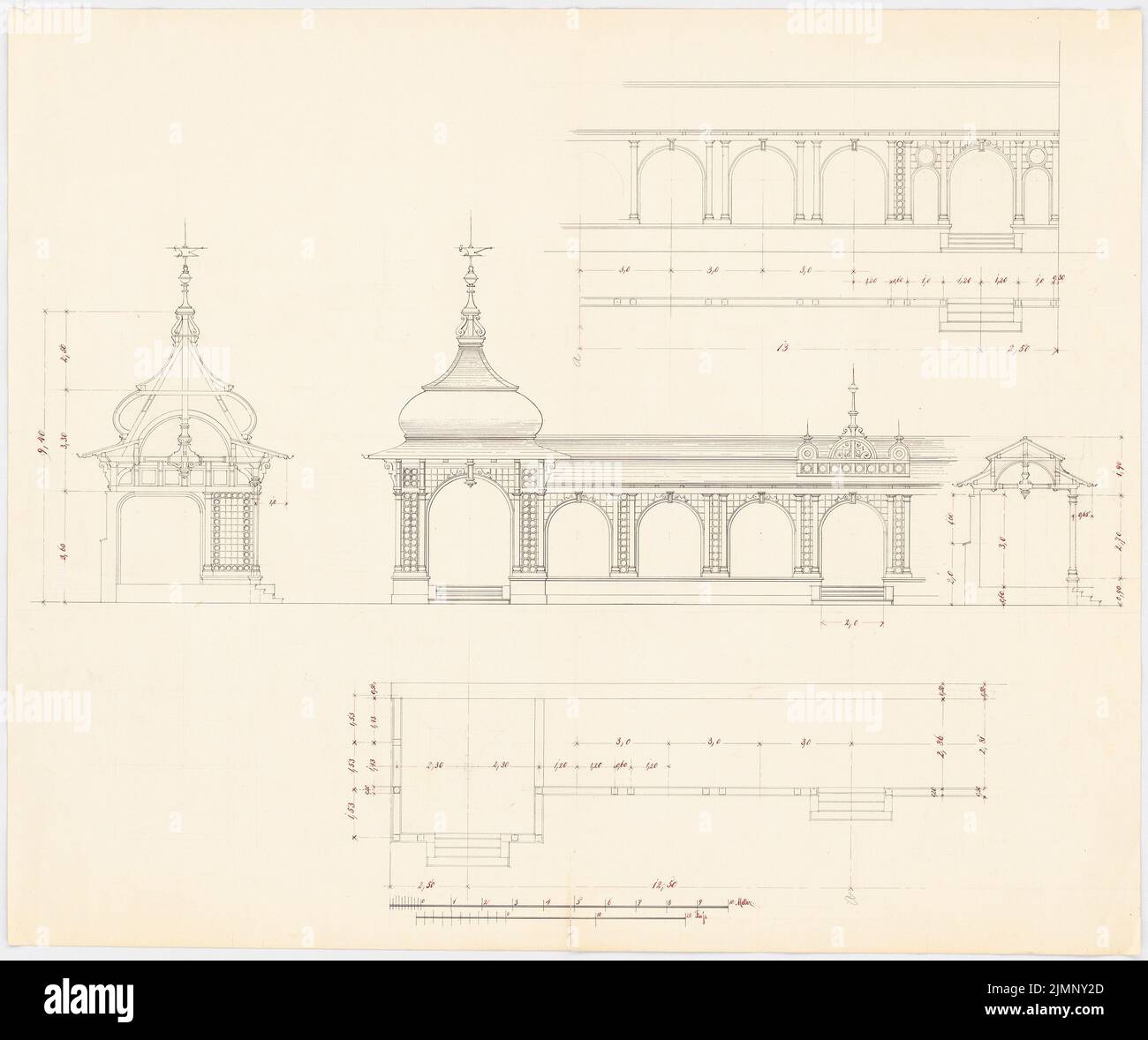 Lange Emil (1841-1926), sala con padiglioni angolari (senza dat.): Pianta del pavimento, profilo della vista frontale e della pagina, sezione longitudinale e sezione trasversale. Inchiostro, inchiostro colorato su carta, 62 x 74,1 cm (compresi i bordi di scansione) Lange Emil (1841-1926): Halle mit Eckpavillons Foto Stock