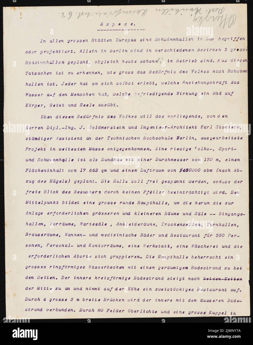 Poelzig Hans (1869-1936), piscina a Berlino (senza data): Sinossi di 9 pagine al progetto di sala nuoto e posizione di 1 pagine dal comune di costruzione M.Wagner e Consiglio medico contro Drigalski. Materiale/tecnologia N. Catturato, 29,3 x 23 cm (compresi i bordi di scansione) Poelzig Hans (1869-1936): Thermenpalast, Berlino Foto Stock