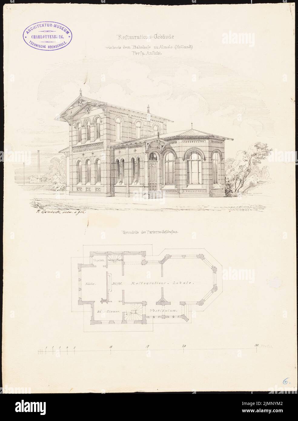 Ewerbeck, Franz (1839-1889), edificio restaurativo di fronte alla stazione di Almelo (senza data): Vista prospettica, pianta EG, scala bar. Acquerello Tusche su carta, 36 x 27,3 cm (compresi i bordi di scansione) Ewerbeck, Franz (1839-1889): Restaurationsgebäude vis-a-vis dem Bahnhof Almelo Foto Stock