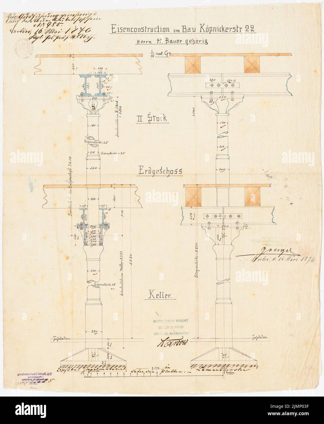 Lehmgrübner Paul (1855-1916), Köpenicker Straße 22 a Berlino (16.05.1870): Supporti in ghisa sotto supporti in acciaio e posizione trave, due piani. Inchiostro, inchiostro colorato, acquerello su lino, 60,1 x 49,1 cm (compresi i bordi di scansione) Lehmgrübner Paul (1855-1916): Gebäude Köpenicker Straße 22, Berlino Foto Stock