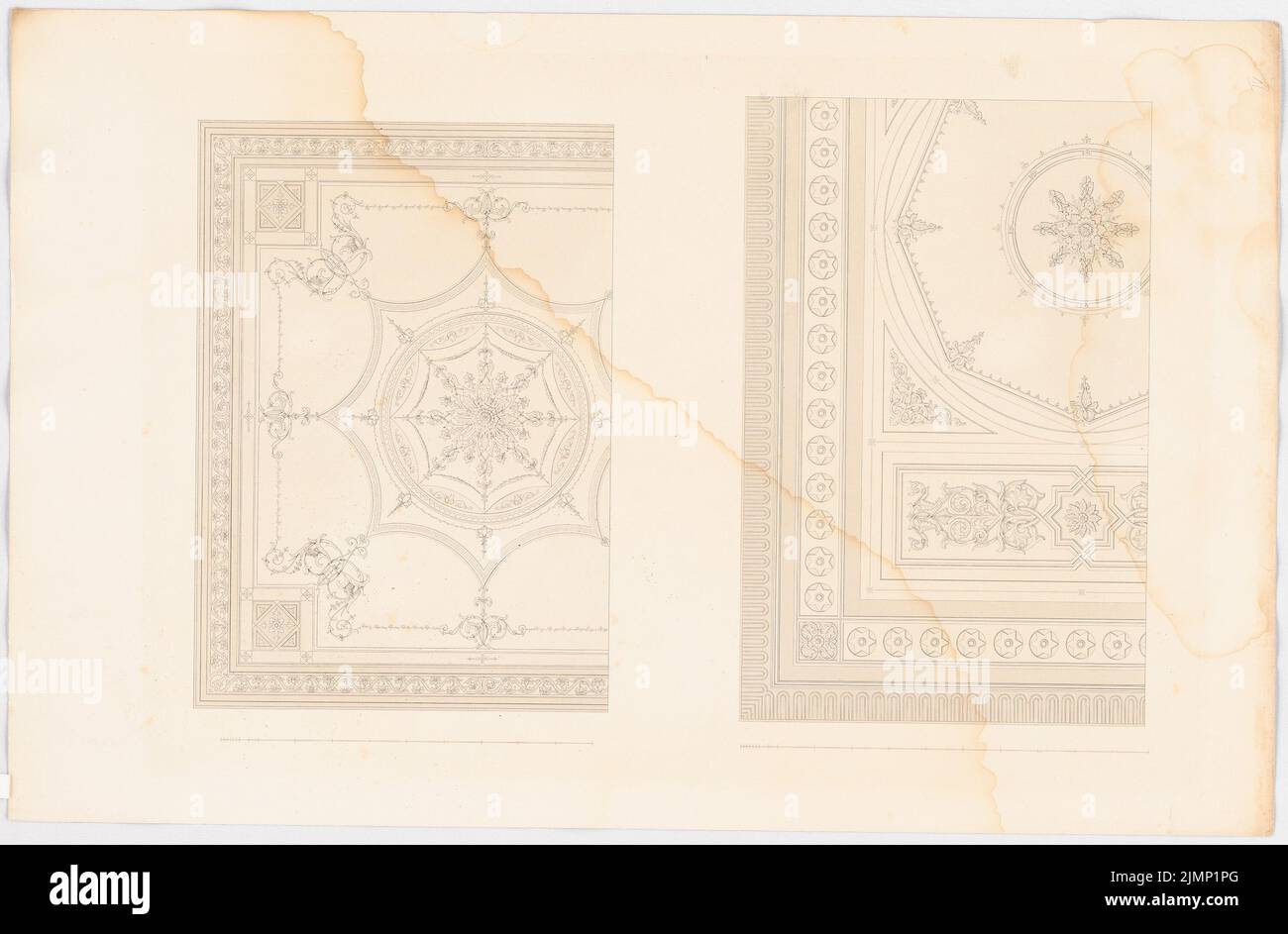 Lange Ludwig (1808-1868), casa di campagna reale a Berchtesgaden (?). (Da: L. Lange, opere di architettura superiore, 1858) (senza data): 2 dipinti a soffitto. Pressione su cartone, 45,3 x 69 cm (compresi i bordi di scansione) Lange Ludwig (1808-1868): Werke der höheren Baukunst, Darmstadt 1858. Königliches Landhaus, Berchtesgaden (?) Foto Stock