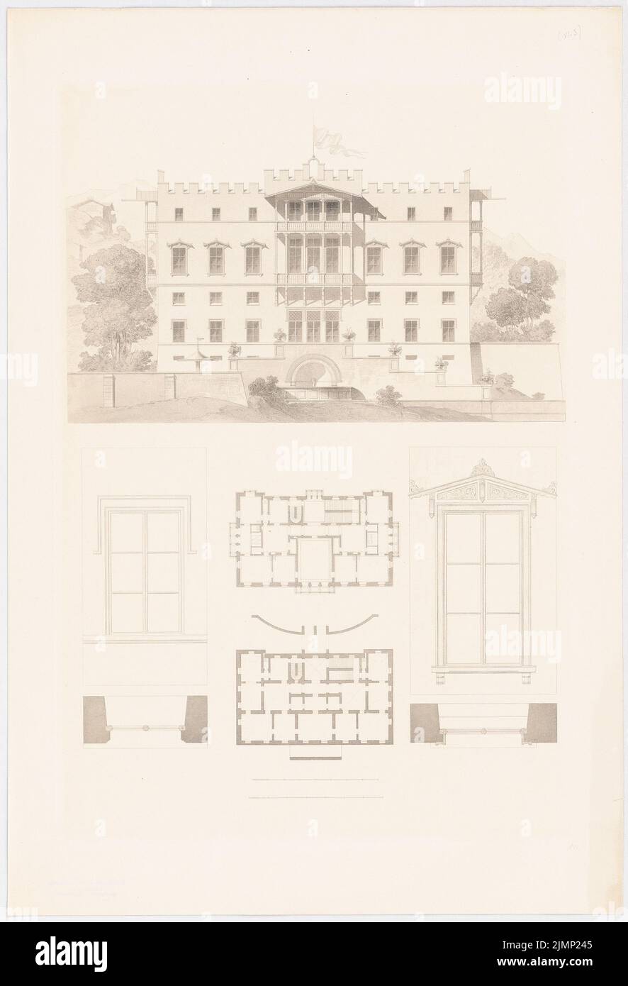 Lange Ludwig (1808-1868), chiuso in montagna. (Da: L. Lange, opere di architettura superiore, 1856) (senza data): Pianta, vista sul lato giardino. Pressione su cartone, 64,5 x 44 cm (compresi i bordi di scansione) Lange Ludwig (1808-1868): Werke der höheren Baukunst, Darmstadt 1856. Schloss im Gebirge Foto Stock