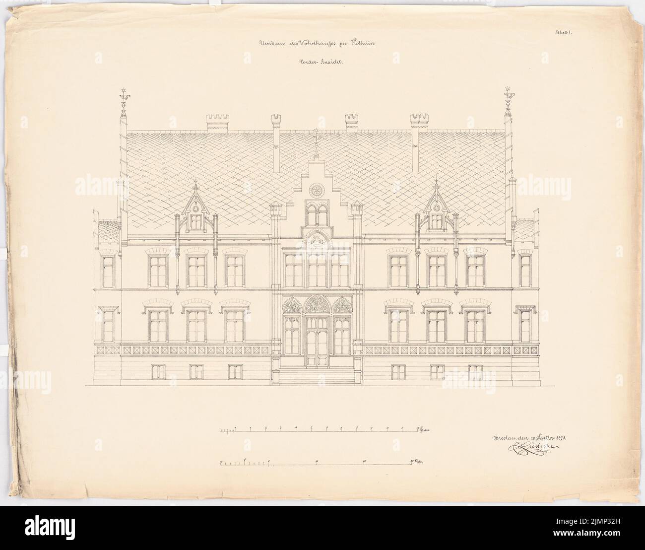 Lüdecke Carl Johann Bogislaw (1826-1894), casa padronale a Kottulin. Conversione (20 settembre 1872): Vista frontale RISS, 2 strisce in scala. Copiare con il N. fatt 11404 variante a portale incollato (vedere nota). Leggera pressione su carta, 56,8 x 72,5 cm (compresi i bordi di scansione) Lüdecke Carl Johann Bogislaw (1826-1894): Herrenhaus, Kottulin. Umbau Foto Stock