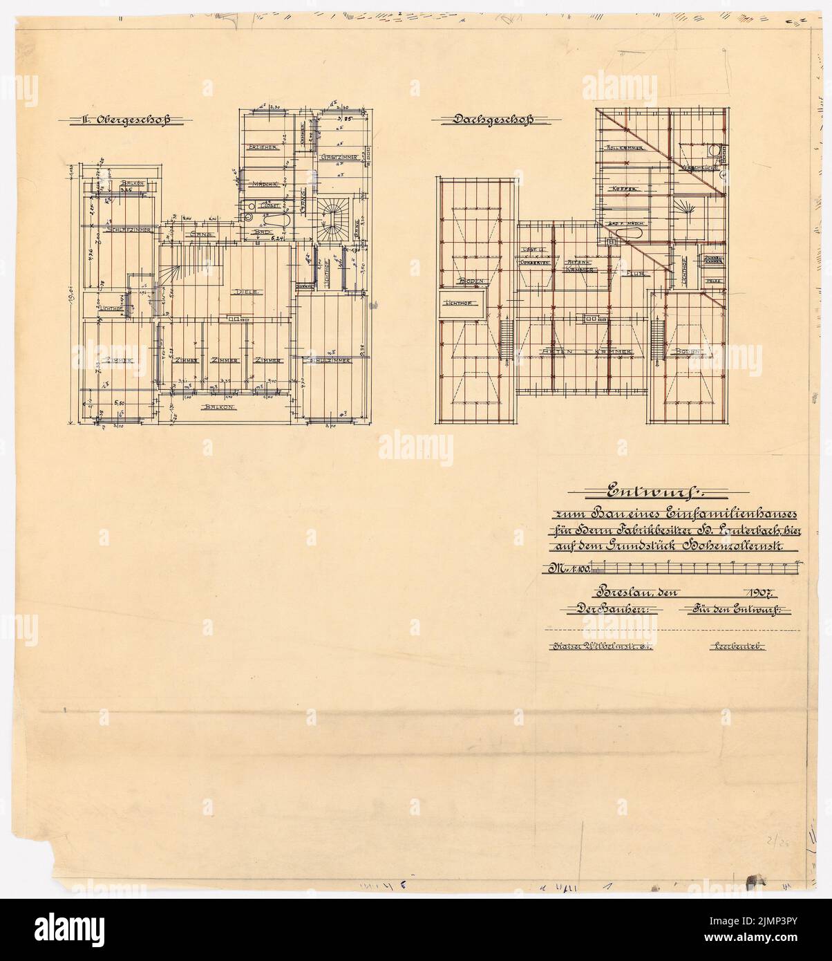 Poelzig Hans (1869-1936), gruppo residenziale Lauterbach a Breslavia. Lauterbach costruzione residenziale e commerciale (1907): Grundrisse 2nd piano, mansarda 1: 100. Inchiostro su trasparente, 69,4 x 64,3 cm (compresi i bordi di scansione) Poelzig Hans (1869-1936): Wohnhausgruppe Lauterbach, Breslau. Wohn- und Geschäftshaus Lauterbach Foto Stock