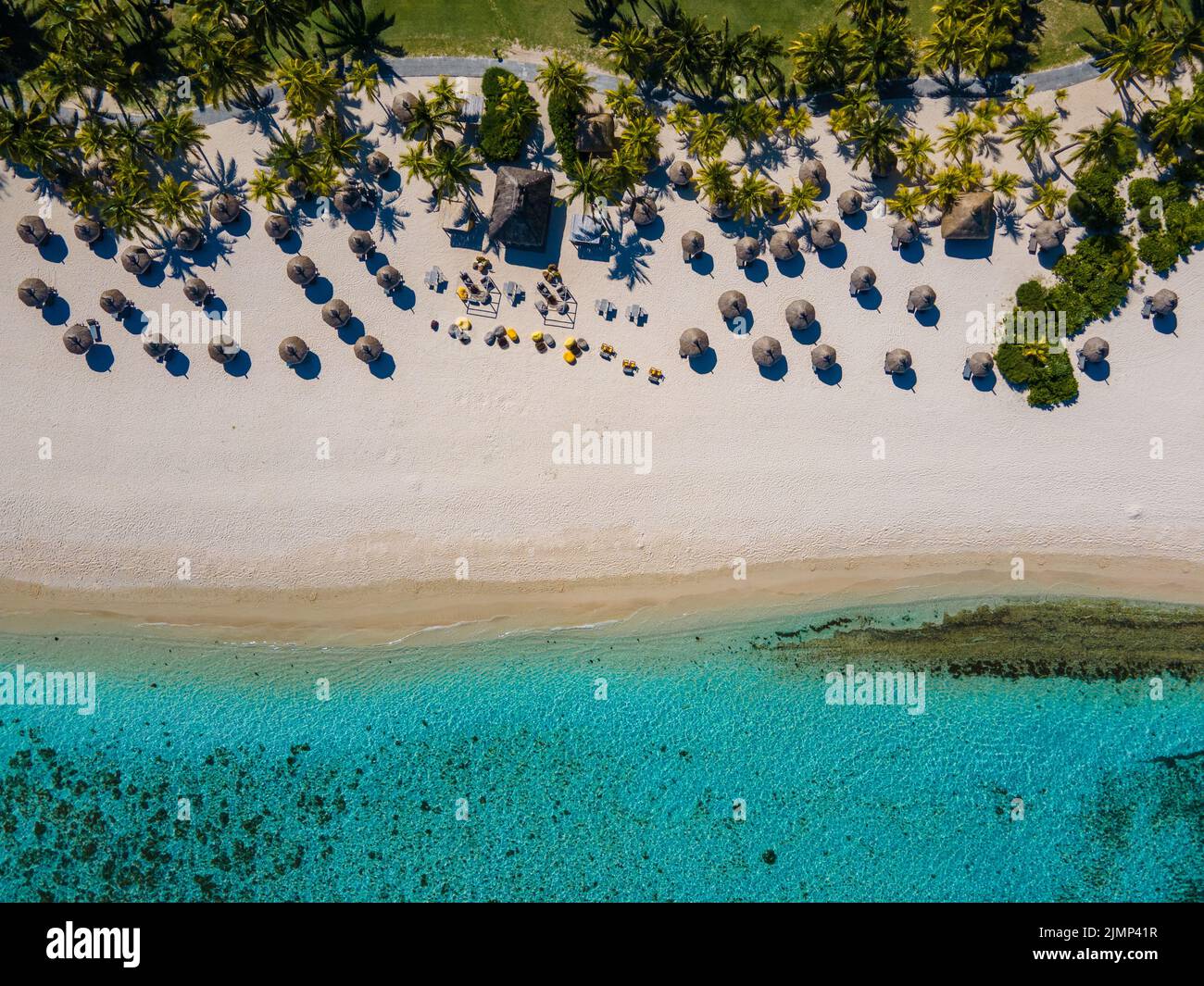 Le Morne spiaggia Mauritius, spiaggia tropicale con palme e sabbia bianca blu oceano e lettini da spiaggia con ombrellone, sdraio e pa Foto Stock