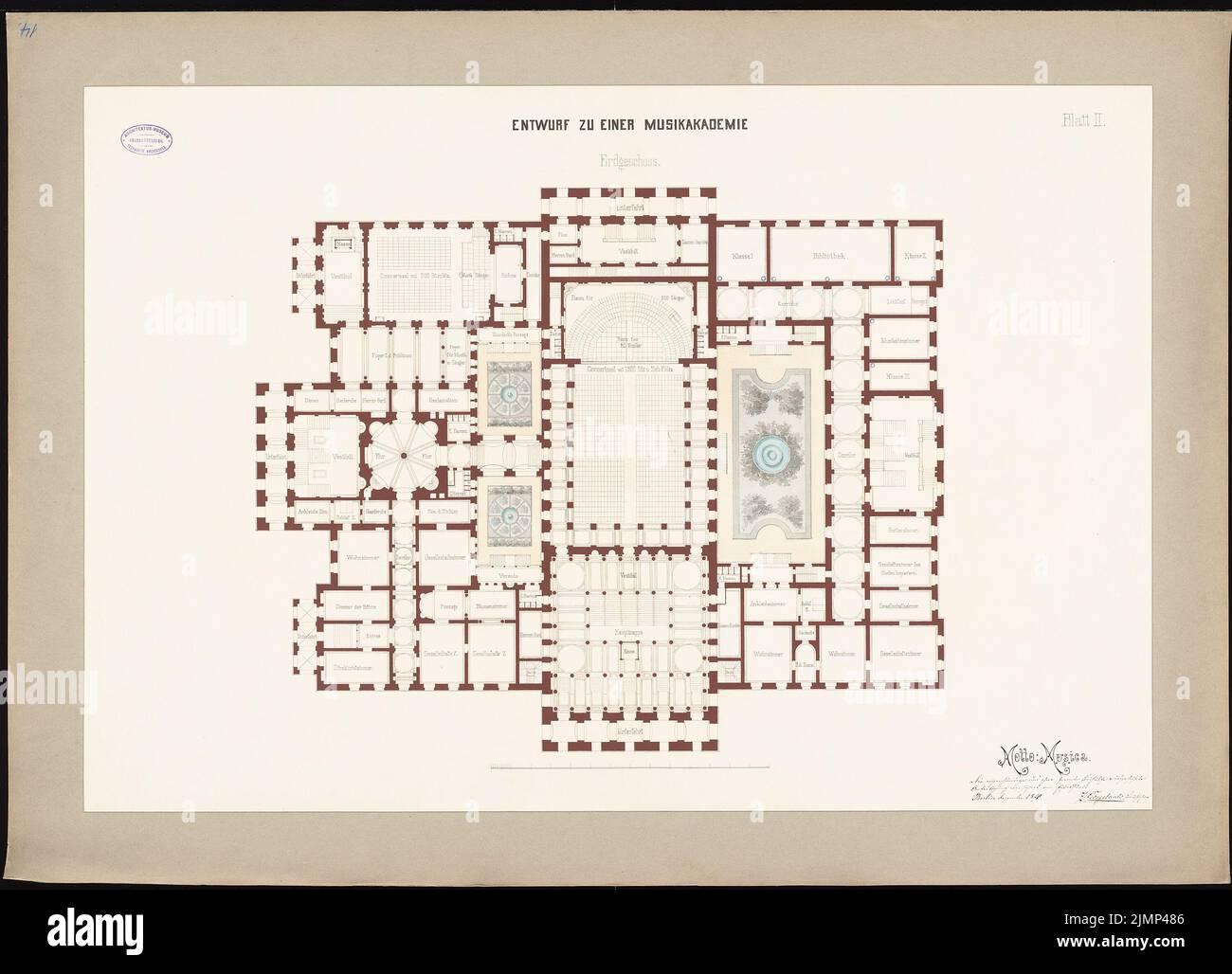 Gorgolewski Zygmunt (1845-1903), progetto per un'accademia musicale (1870): Grundriss EG. Acquerello Tusche sulla scatola, 78,3 x 108,5 cm (compresi i bordi di scansione) Gorgolewski Zygmunt (1845-1903): Entwurf zu einer Musikakademie Foto Stock