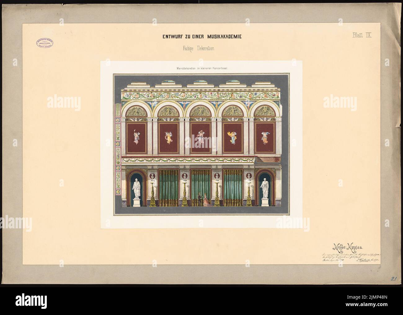 Gorgolewski Zygmunt (1845-1903), progetto per un'accademia musicale (1870): Decorazione a parete nella piccola sala concerti. Acquerello Tusche su carta, su cartone, 78,3 x 109,7 cm (compresi i bordi di scansione) Gorgolewski Zygmunt (1845-1903): Entwurf zu einer Musikakademie Foto Stock