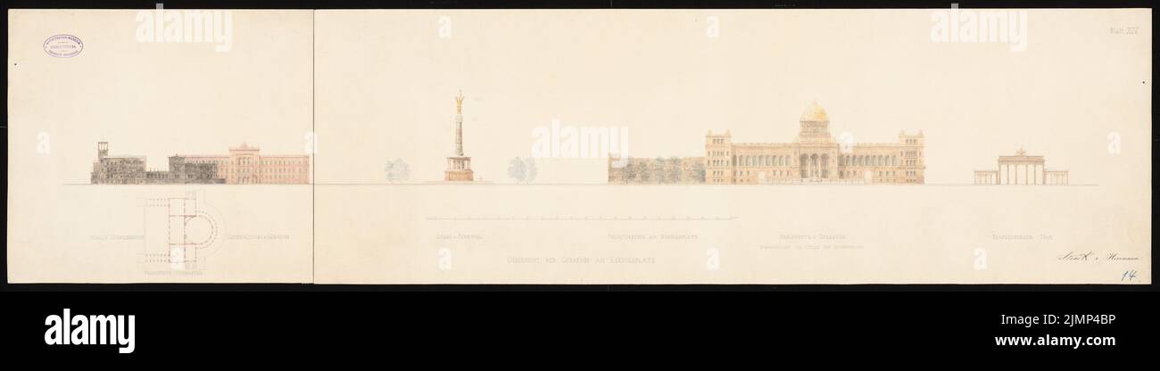 Strack & Herrmann, Reichstag, Berlino. Primo concorso (1872): Panoramica degli edifici di Königsplatz (visualizzazioni) 1: 500. Acquerello Tusche sulla scatola, 33,6 x 133,6 cm (compresi i bordi di scansione) Strack & Herrmann : Reichstag, Berlino. Erster Wettbewerb Foto Stock