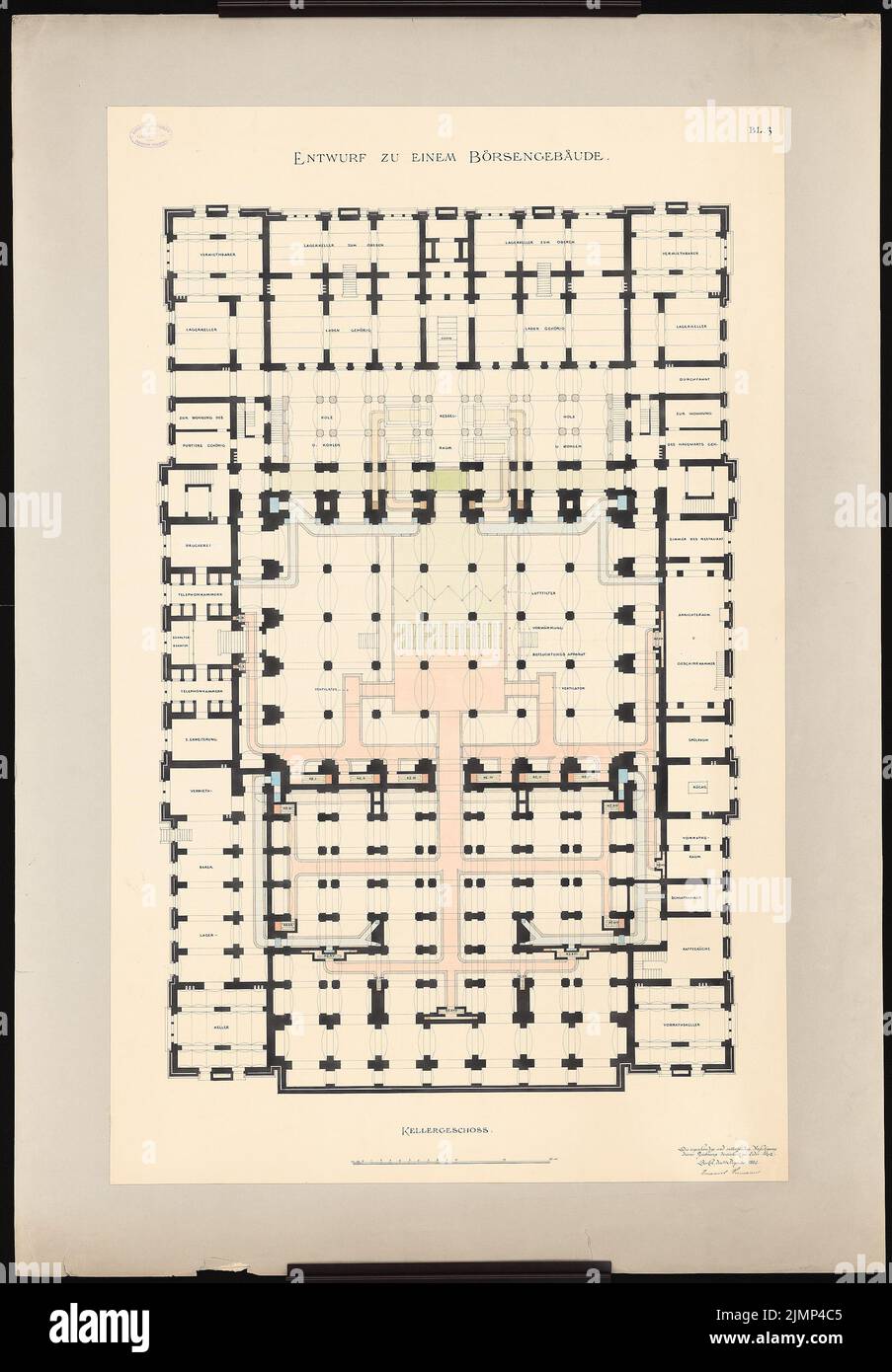 Heimann Emanuel (1855-1910), edificio del mercato azionario (30 dicembre 1884): Piano terra KG 1: 100. Acquerello Tusche su carta, 136,5 x 94,9 cm (compresi i bordi di scansione) Heimann Emanuel (1855-1910): Börsengebäude Foto Stock