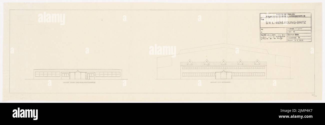 Poelzig Hans (1869-1936), Istituto tedesco dell'aviazione, Berlino-Britz (12 febbraio 1929): Coltivazione di uffici, welfare building: Visualizzazioni 1: 200. Matita su trasparente, 27,5 x 86,7 cm (compresi i bordi di scansione) Poelzig Hans (1869-1936): Deutsche Versuchsanstalt für Luftfahrt, Berlin-Britz Foto Stock