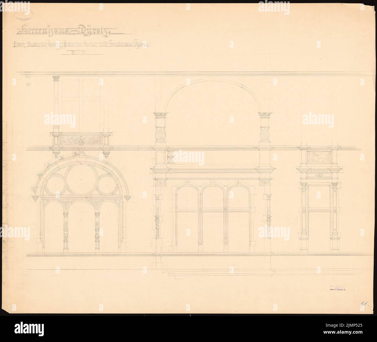 Grisebach Hans (1848-1904), maniero per Rudolf Mosse, Dyrotz (1894): Finestre nella sala da pranzo e torre, bayards nel salone 1:20. Matita, 74,3 x 88,5 cm (compresi i bordi di scansione) Grisebach Hans (1848-1904): Herrenhaus für Rudolf Mosse, Dyrotz Foto Stock