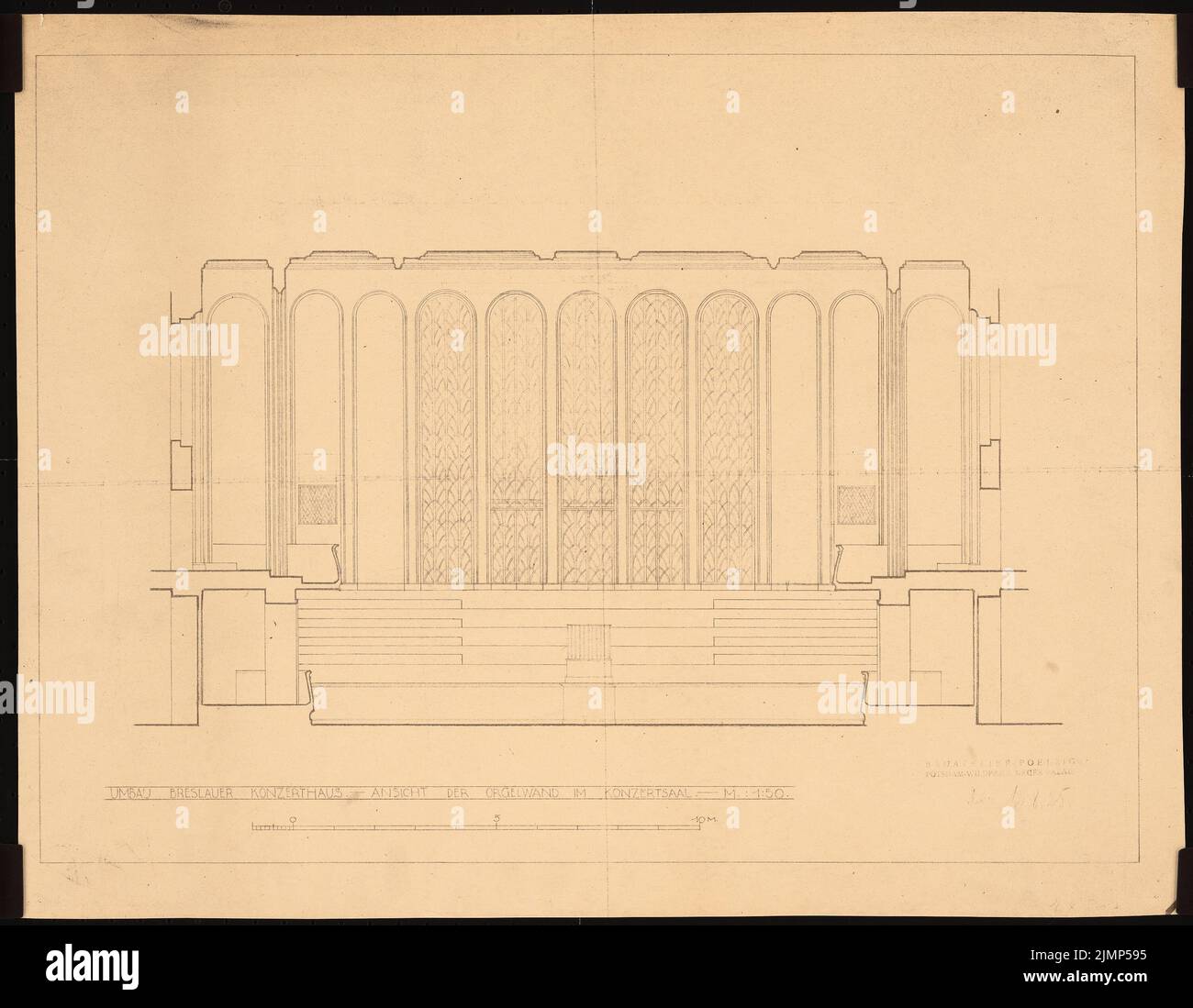 Poelzig Hans (1869-1936), sala concerti a Breslavia. Conversione (08/12/1925): Parete dell'organo rissante 1:50. Leggera rottura sul cartone, 45,1 x 58,1 cm (compresi i bordi di scansione) Poelzig Hans (1869-1936): Konzerthaus, Breslau. Umbau Foto Stock