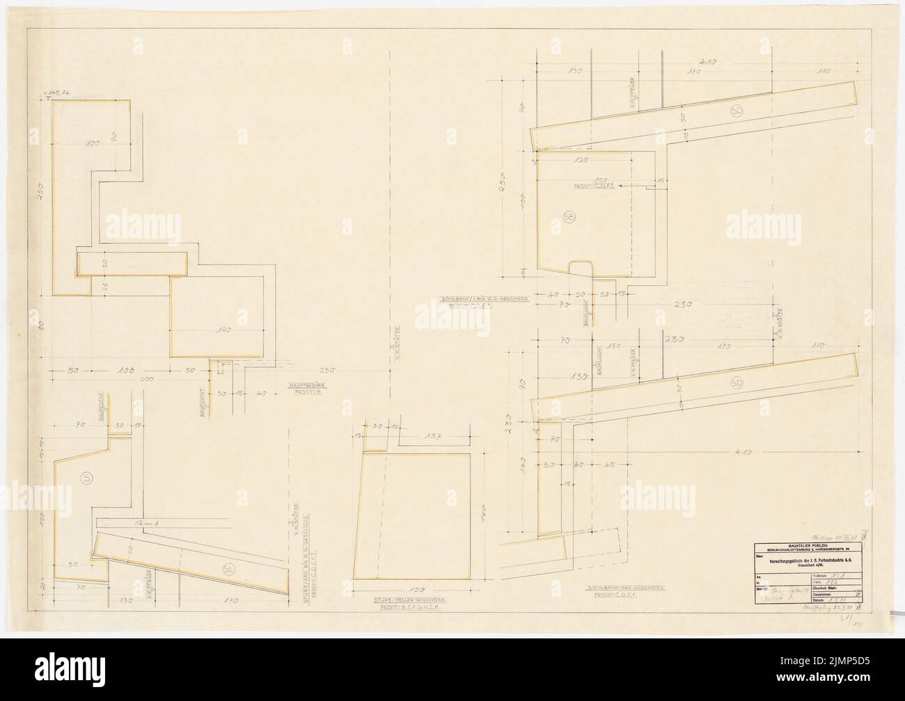 Poelzig Hans (1869-1936), I.G.-Colors a Francoforte sul meno. Edificio amministrativo (1st maggio 1929): Stein-details Front A 1: 1. Matita e matita colorata su trasparente, 81 x 114,7 cm (compresi i bordi di scansione) Poelzig Hans (1869-1936): I.G.-Farben, Francoforte sul meno. Verwaltungsgebäude Foto Stock