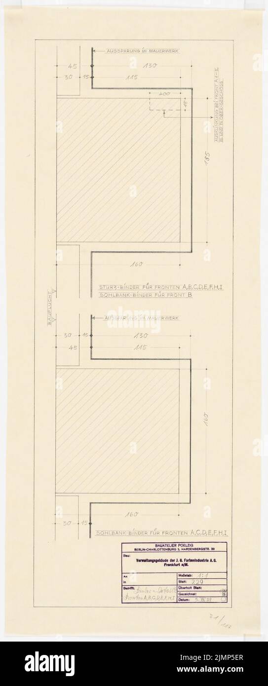 Poelzig Hans (1869-1936), I.G.-Colors a Francoforte sul meno. Edificio amministrativo (05.07.1929): Binderdetail Fronten A, B, C, D, e, F, H, I. matita di spurgo su trasparente, 82,3 x 34,4 cm (compresi i bordi di scansione) Poelzig Hans (1869-1936): I.G.-Farben, Francoforte sul meno. Verwaltungsgebäude Foto Stock