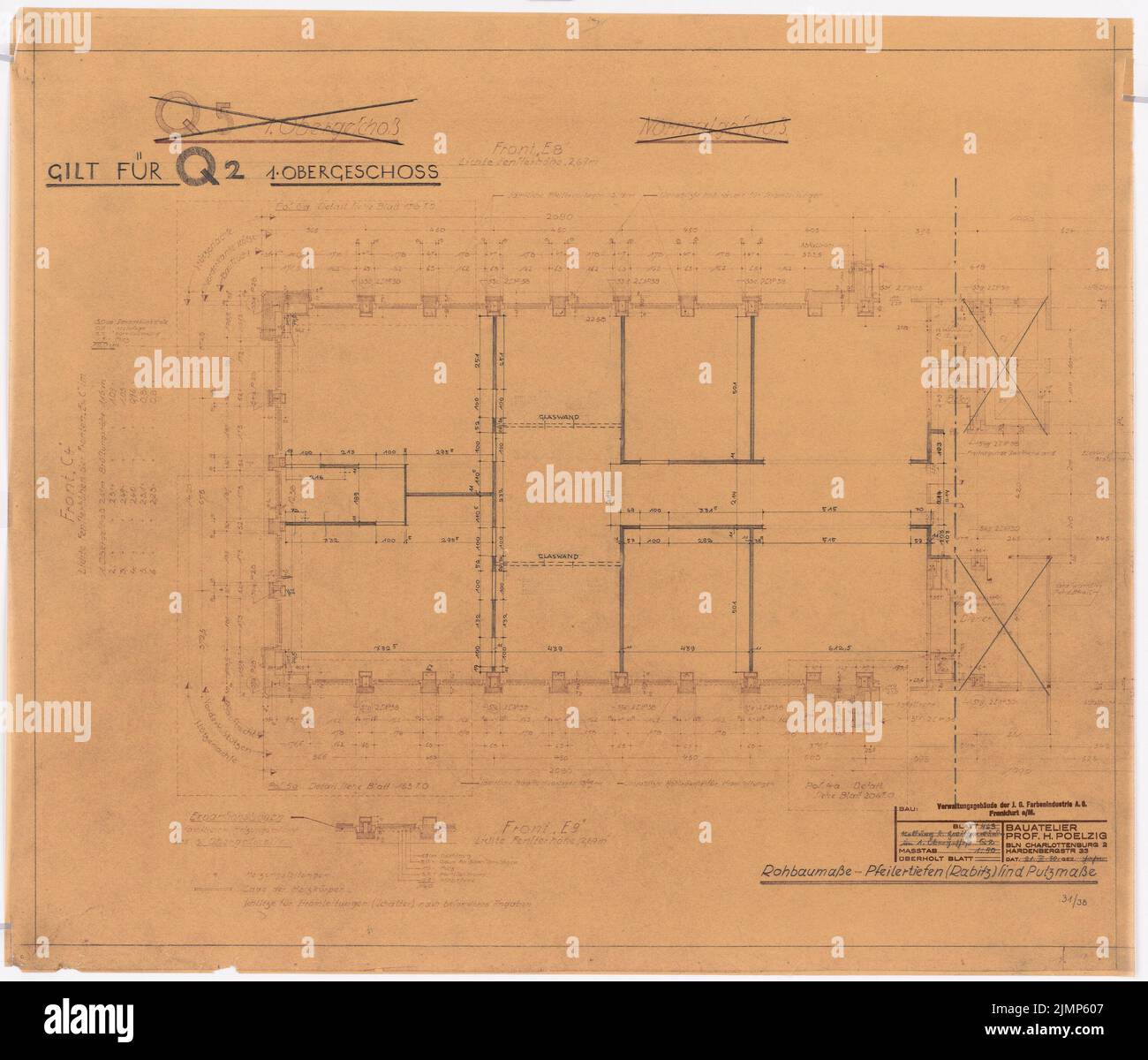 Poelzig Hans (1869-1936), I.G.-Colors a Francoforte sul meno. Edificio amministrativo (21 marzo 1930): Grundriss 1st piano Q 2. Matita da colorare a rottura su trasparente, 68 x 79,6 cm (incl Scansione bordi) Poelzig Hans (1869-1936): I.G.-Farben, Francoforte sul meno. Verwaltungsgebäude Foto Stock