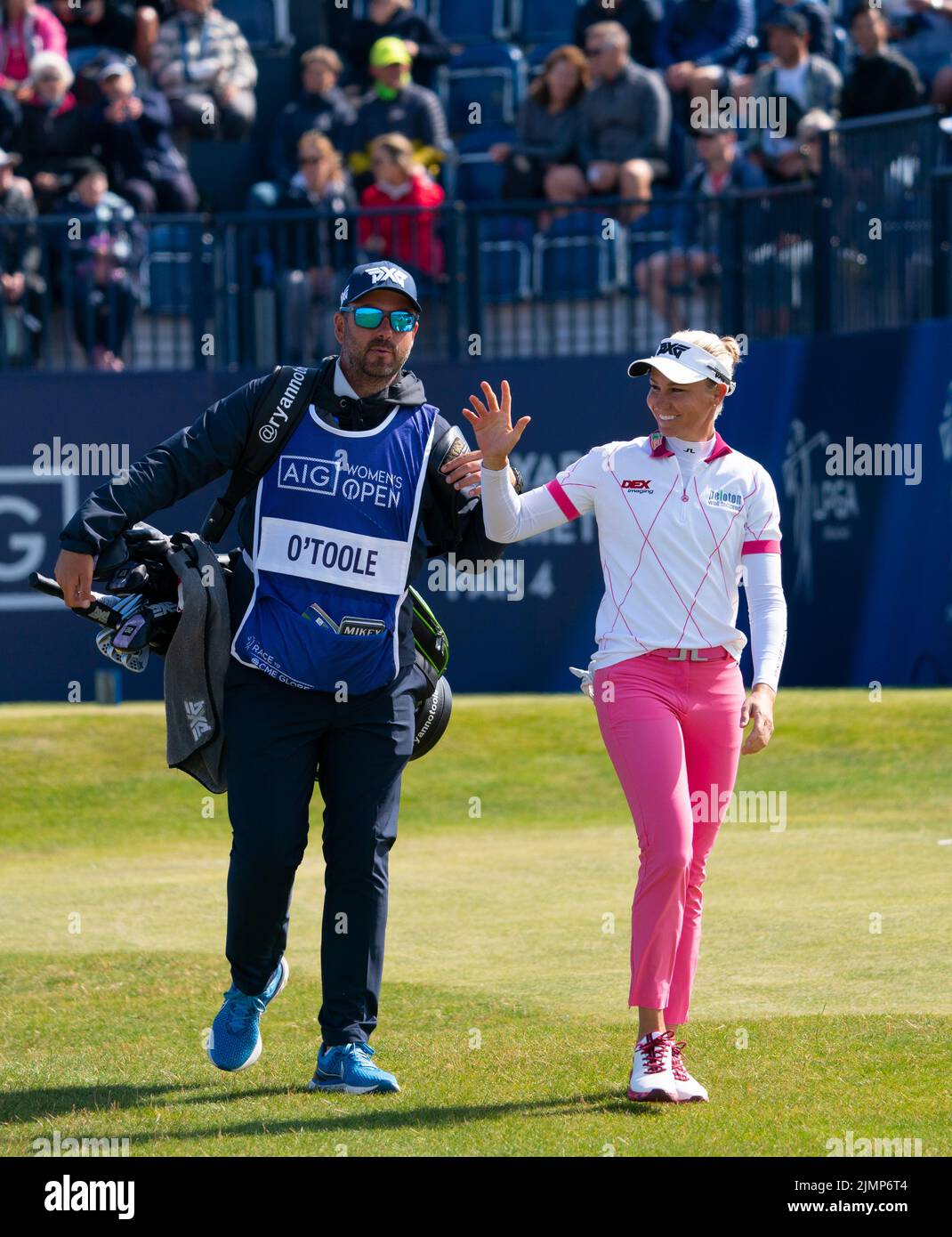 Gullane, Scozia, Regno Unito. 7th agosto 2022. Ultimo round del campionato AIG Women’s Open di golf a Muirfield, nella East Lothian. PIC; Ryann o’ Toole al primo buco. Iain Masterton/Alamy Live News Foto Stock