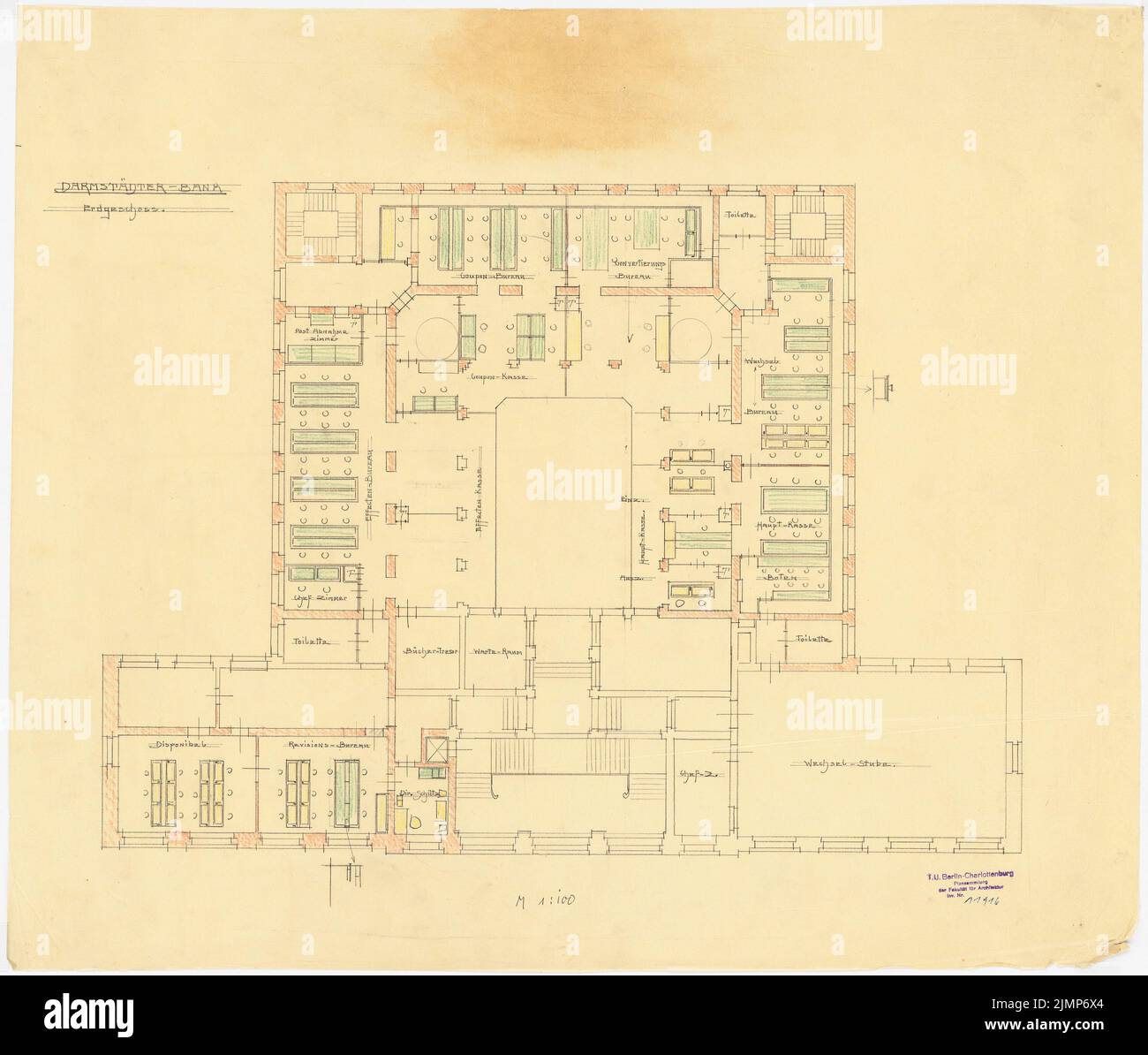 Messel Alfred (1853-1909), Darmstadt Bank for Trade and Industry, Berlino. Nuovo impianto (1902-1902): Piano di arredo EG 1: 100. Matita colorata su trasparente, 59,4 x 70 cm (compresi i bordi di scansione) Messel Alfred (1853-1909): Darmstädter Bank für Handel und Industrie, Berlino. Neueinrichtung Foto Stock