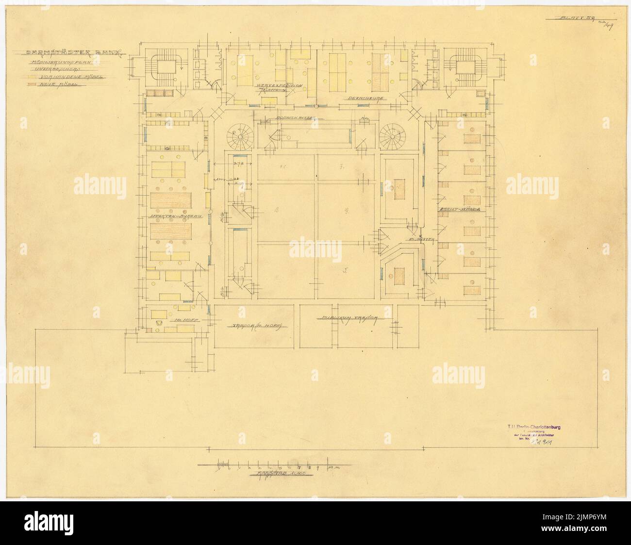 Messel Alfred (1853-1909), Darmstadt Bank for Trade and Industry, Berlino. Nuova struttura (1902-1902): Piano di arredo UG 1: 100. Matita colorata su trasparente, 50,2 x 63,1 cm (compresi i bordi di scansione) Messel Alfred (1853-1909): Darmstädter Bank für Handel und Industrie, Berlino. Neueinrichtung Foto Stock