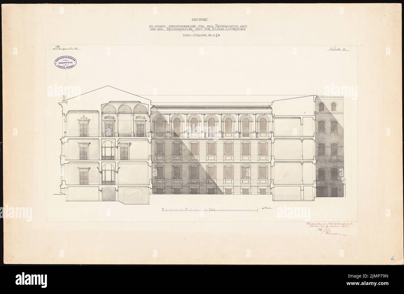 Mörner Georg J. W. von (1826-1907), Ufficio di giustizia Reichs e Cancelleria Reich per l'Alsazia-Lorena a Berlino (1878): Sezione trasversale. Acquerello Tusche sulla scatola, 55,1 x 83,7 cm (compresi i bordi di scansione) Mörner Georg J. W. von (1826-1907): Reichsjustizamt und Reichskanzleramt für Elsaß-Lothringen, Berlino Foto Stock