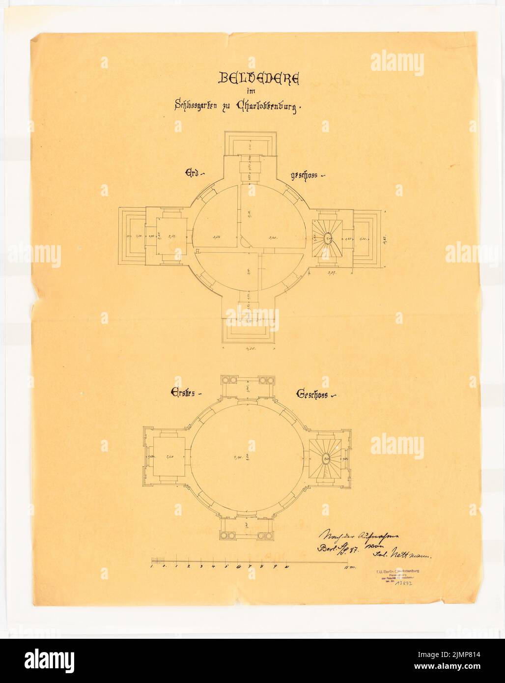 Nettmann Julius, Belvedere nel Charlottenburg Schlosspark, Berlino (1887): Grundriss EG e piano 1st. Inchiostro su carta trasparente, 78,2 x 61,9 cm (compresi i bordi di scansione) Nettmann Julius : Belvedere im Schlosspark Charlottenburg, Berlino Foto Stock