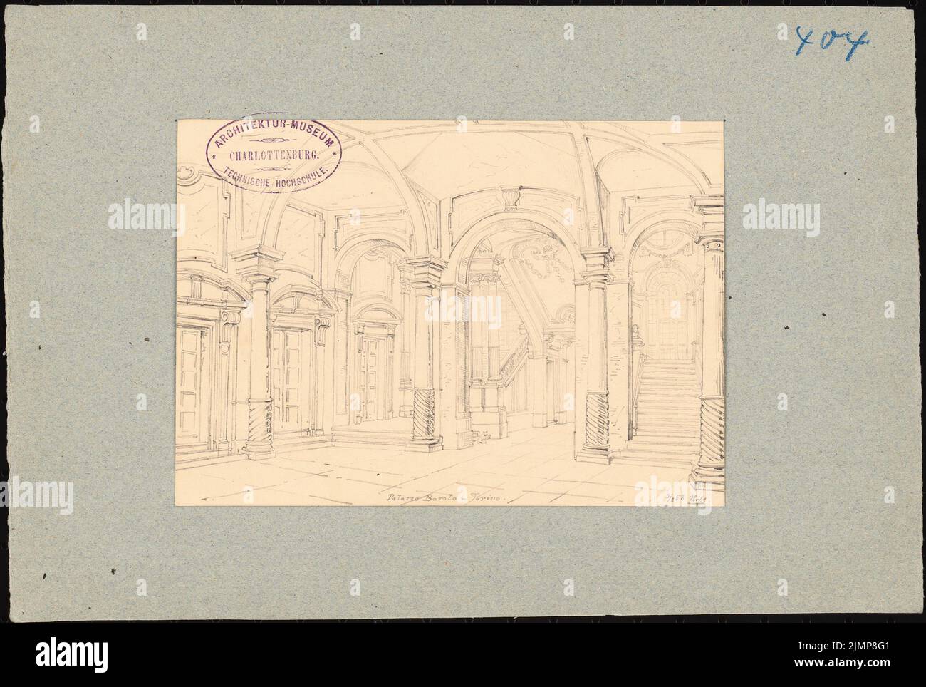 Nohl Maximilian (1830-1863), Palazzo Barolo, Torino (03.08.1858): Vista prospettica interna. Matita su carta, 20,6 x 30,7 cm (compresi i bordi di scansione) Nohl Maximilian (1830-1863): Palazzo Barolo, Torino Foto Stock