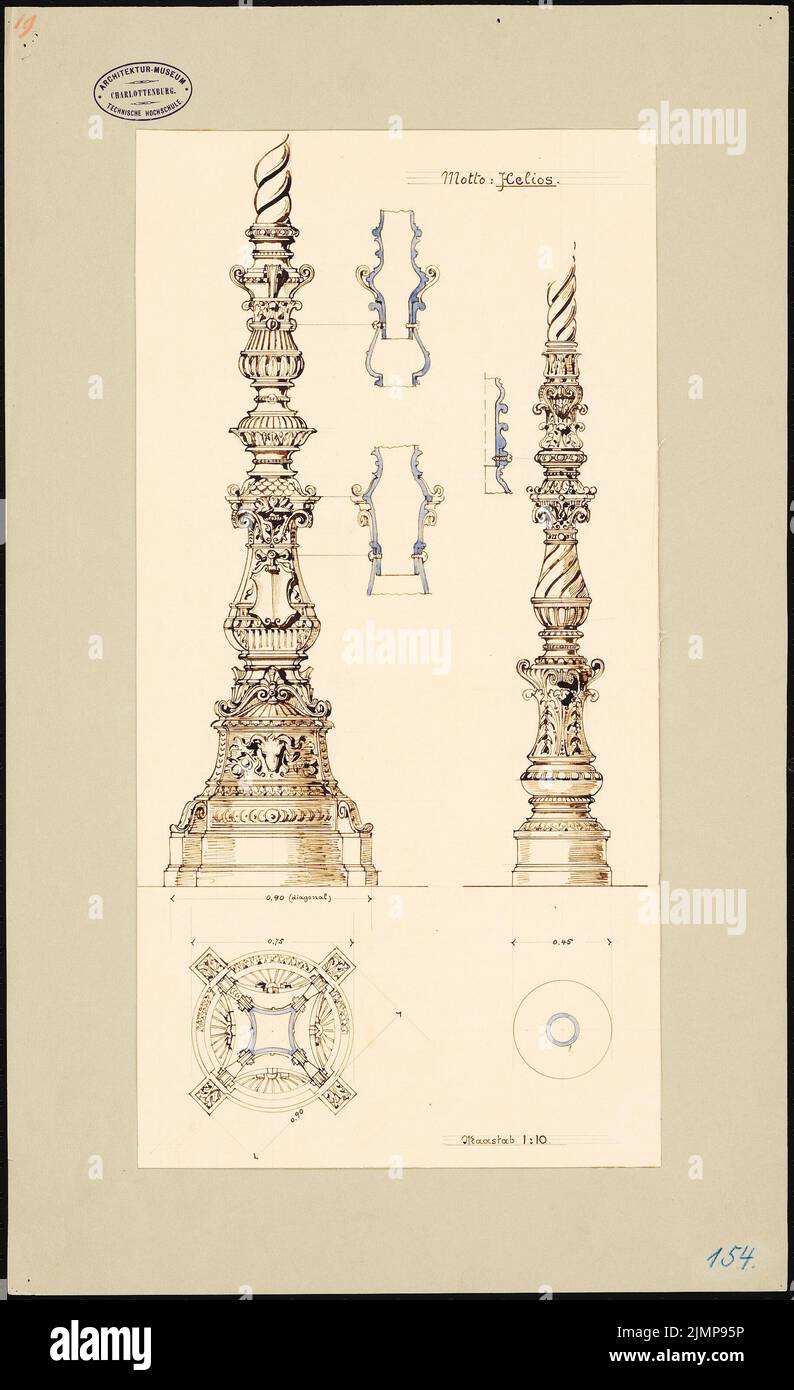 Giesenberg Edgar (1851-1892), Royal Opera di Berlino. 2 candeliere per lanterne a gas (senza data): piani, tagli, dettagli 1:10. Acquerello Tusche sulla scatola, 59,3 x 36,3 cm (compresi i bordi di scansione) Giesenberg Edgar (1851-1892): Königliche Oper, Berlino. 2 Kandelaber für Gaslaternen Foto Stock