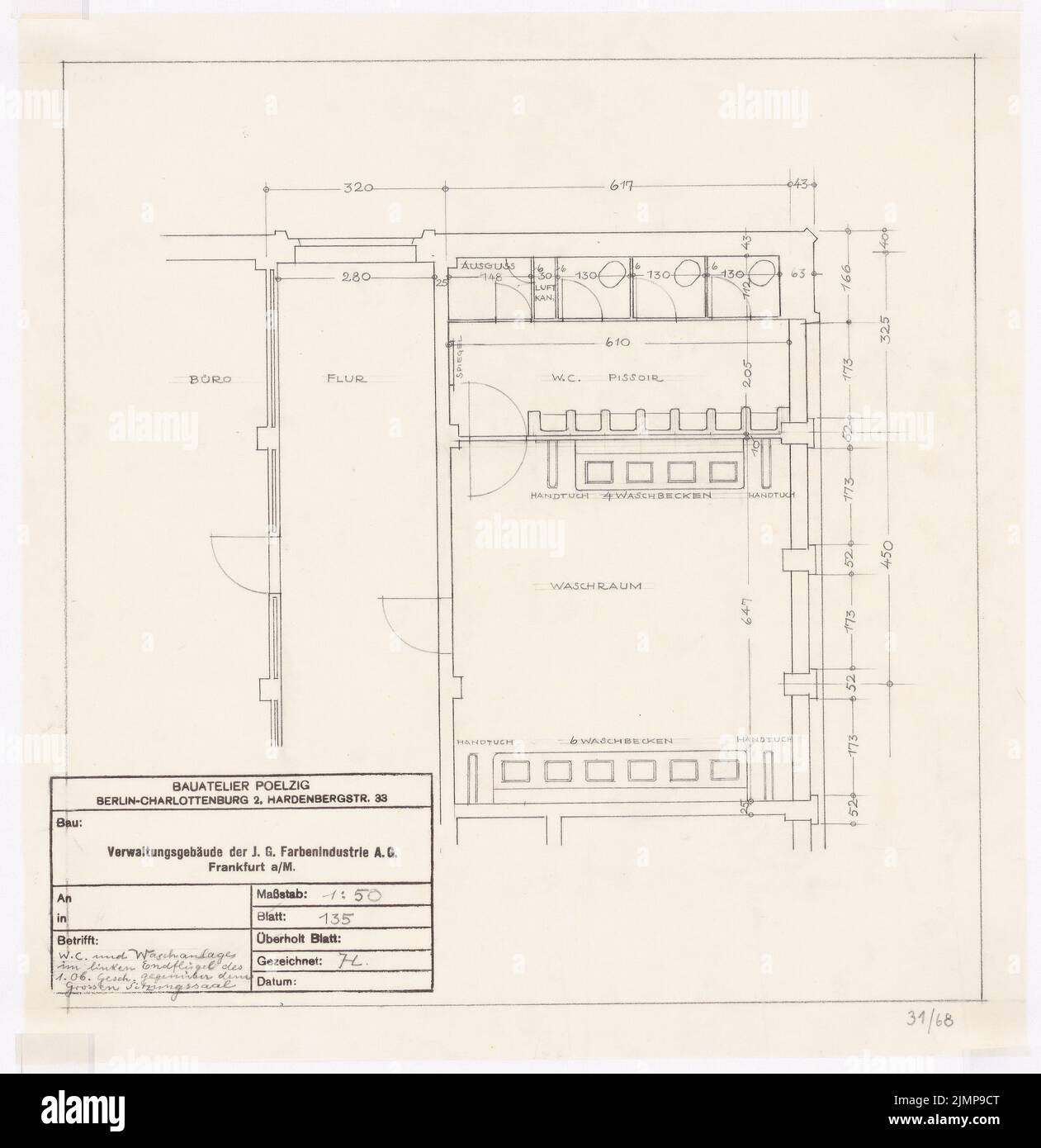 Poelzig Hans (1869-1936), I.G.-Colors a Francoforte sul meno. Edificio amministrativo (1928-1931): toilette e autolavaggio nell'ala finale sinistra del piano 1st rispetto alla grande sala riunioni 1:50. Matita su carta, 38,2 x 37,1 cm (compresi i bordi di scansione) Poelzig Hans (1869-1936): I.G.-Farben, Francoforte sul meno. Verwaltungsgebäude Foto Stock