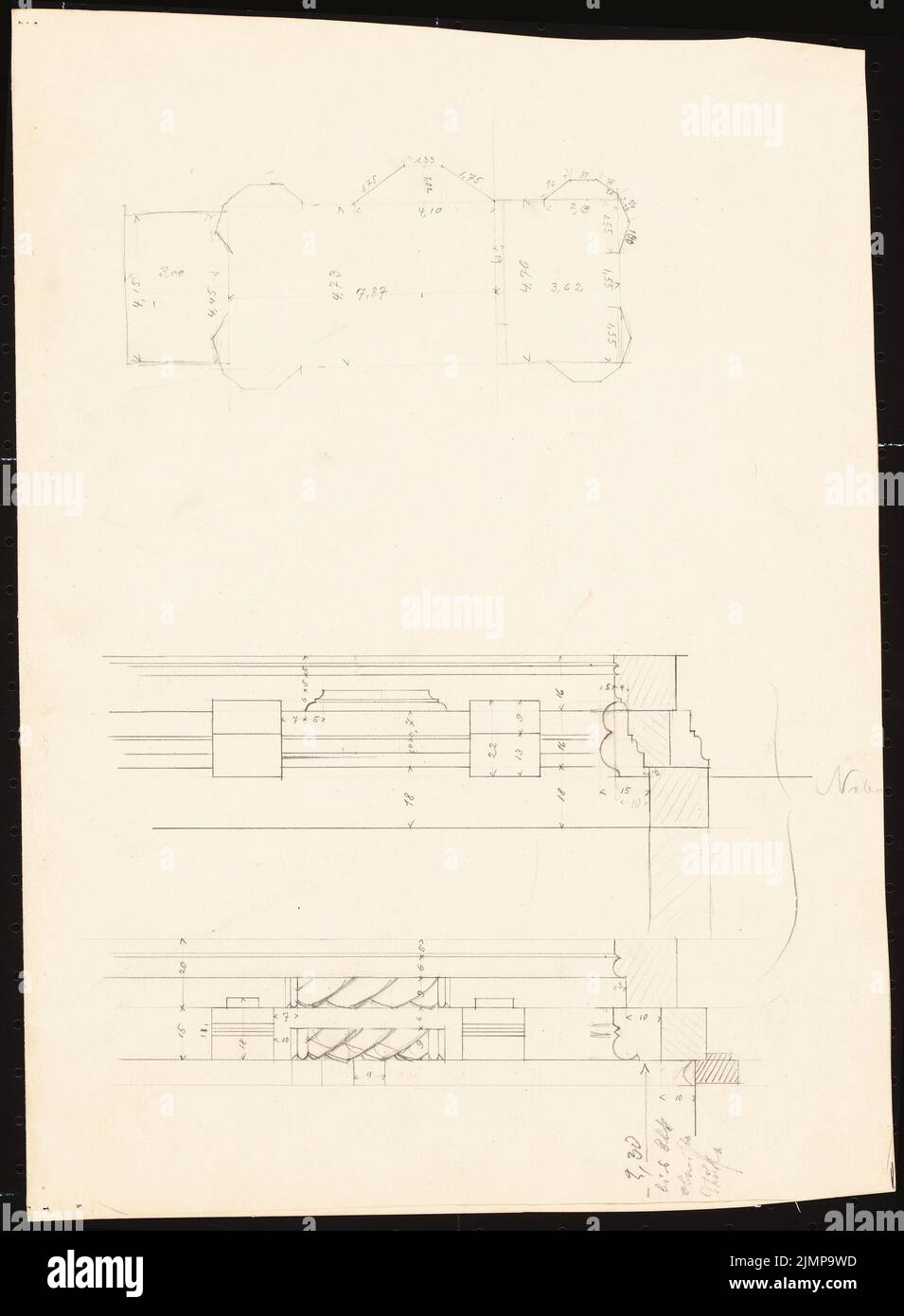 Lehmmübner Paul (1855-1916), Brunnenhaus in Popperode (senza data): Pianta del pavimento e tagli attraverso pareti a graticcio. Matita sulla scatola, 35,6 x 26,2 cm (compresi i bordi di scansione) Lehmgrübner Paul (1855-1916): Brunnenhaus, Poperode Foto Stock