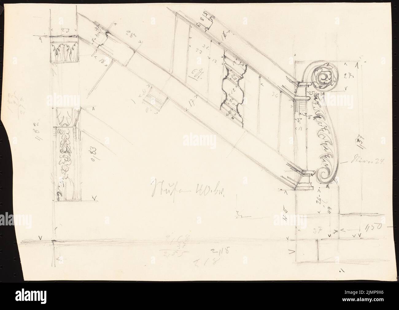 Lehmmübner Paul (1855-1916), Brunnenhaus in Popperode (senza dat.): Ringhiera per scale. Matita su cartone, 25,1 x 35,4 cm (compresi i bordi di scansione) Lehmgrübner Paul (1855-1916): Brunnenhaus, Poperode Foto Stock