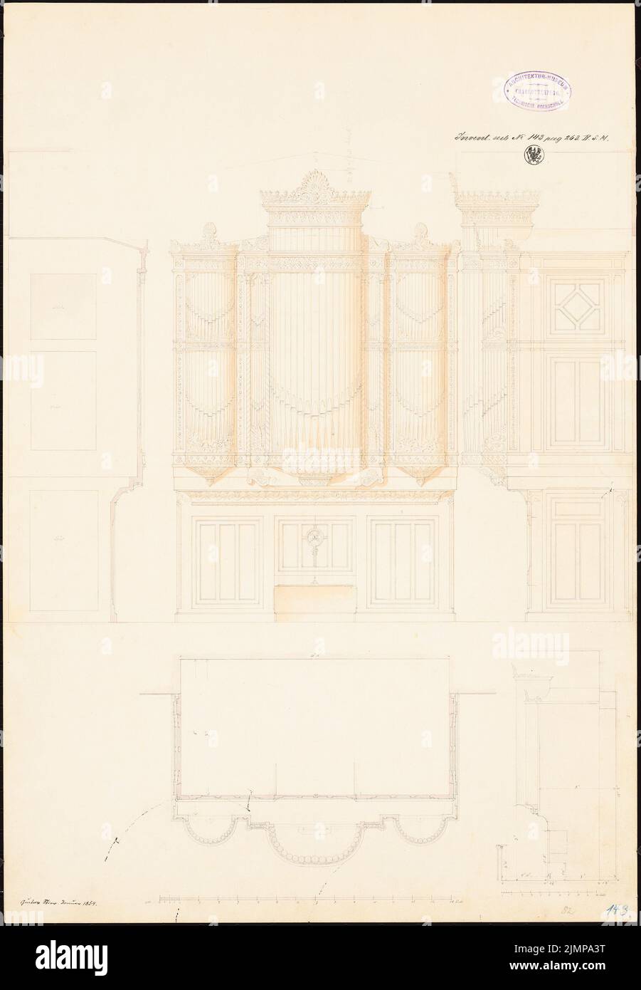 Bull Gustav (1807-1880), opuscolo organo (01,1854): Vista, profilo, pianta. Acquerello a matita sulla scatola, 61,6 x 42,7 cm (compresi i bordi di scansione) Stier Gustav (1807-1880): Orgelprospekt Foto Stock