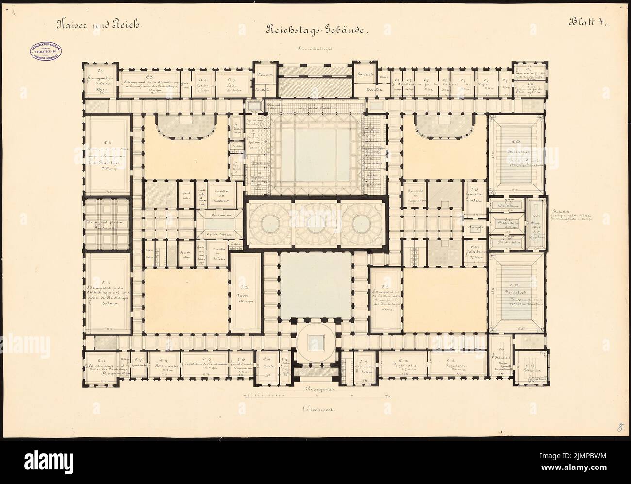 Schwatlo Carl (1831-1884), Reichstag, Berlino. Seconda gara (1882): Grundriss og. Tusche, acquerello a matita sulla scatola, 62,7 x 89,8 cm (compresi i bordi di scansione) Schwatlo Carl (1831-1884): Reichstag, Berlino. Zweiter Wettbewerb Foto Stock