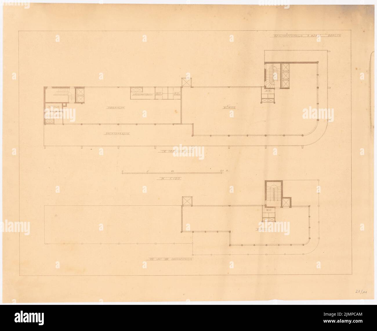 Poelzig Hans (1869-1936), S. Adam, Leipziger Straße/ Friedrichstraße, Berlino (1928): Grundrisse 5th, 7th, 8th piano. Rottura leggera su carta, 60,6 x 74,9 cm (compresi i bordi di scansione) Poelzig Hans (1869-1936): Geschäftshaus S. Adam, Leipziger Straße/ Friedrichstraße, Berlino Foto Stock