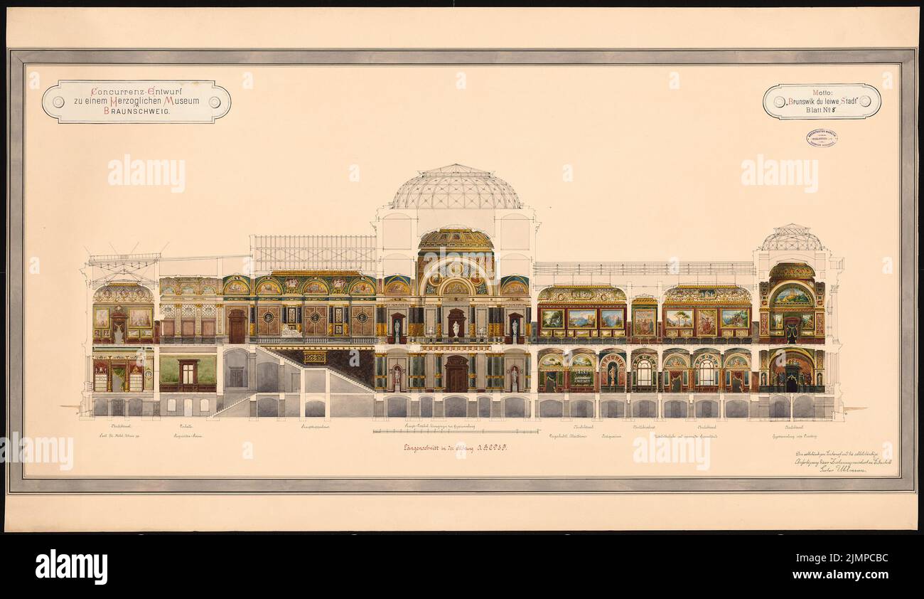 Uhlmann Gustav (1851-1916), Museo Ducale di Braunschweig (1883-1884): Sezione longitudinale in direzione A-B-C-D-e-F. Materiale/tecnologia N.N. Recorded, 77,4 x 133,8 cm (compresi i bordi di scansione) Uhlmann Gustav (1851-1916): Museo di Herzogliches, Braunschweig Foto Stock