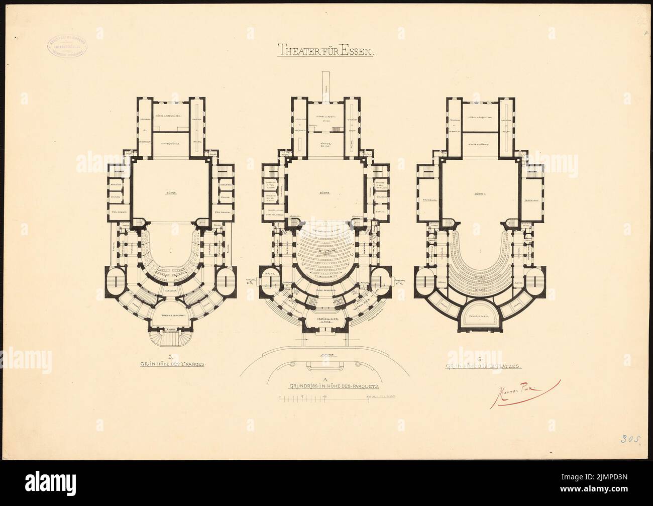 Hoffmann Emil (1845-1901), Teatro di Essen (senza data): Piantine nella quantità del parquet e 1st posto del III. Luogo 1: 200. Acquerello Tusche sulla scatola, 51,6 x 73,1 cm (compresi i bordi di scansione) Hoffmann Emil (1845-1901): Teatro, Essen Foto Stock